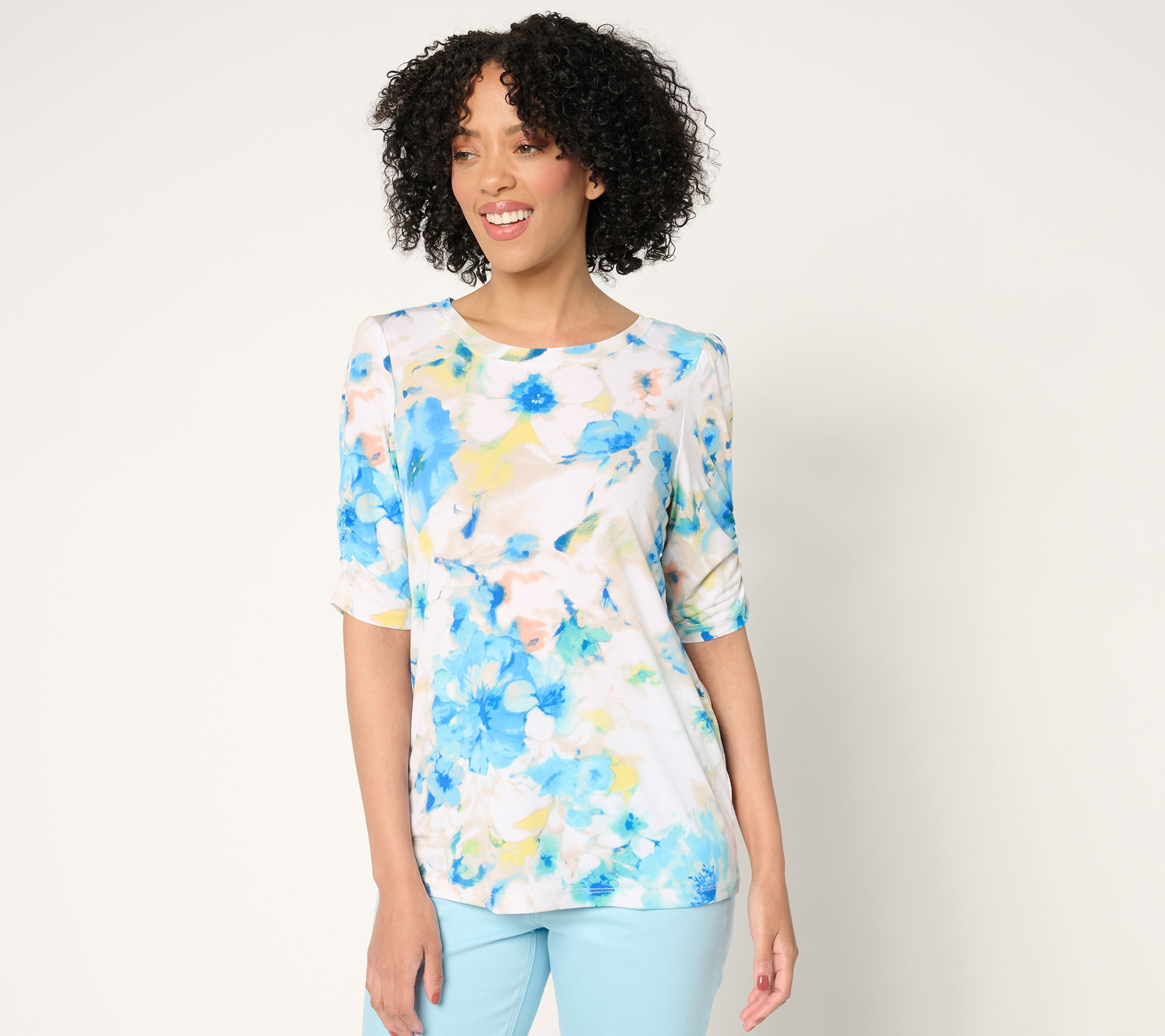 "As Is" Susan Graver Printed Liquid Knit Crew Neck Top w/Ruched Sleeve