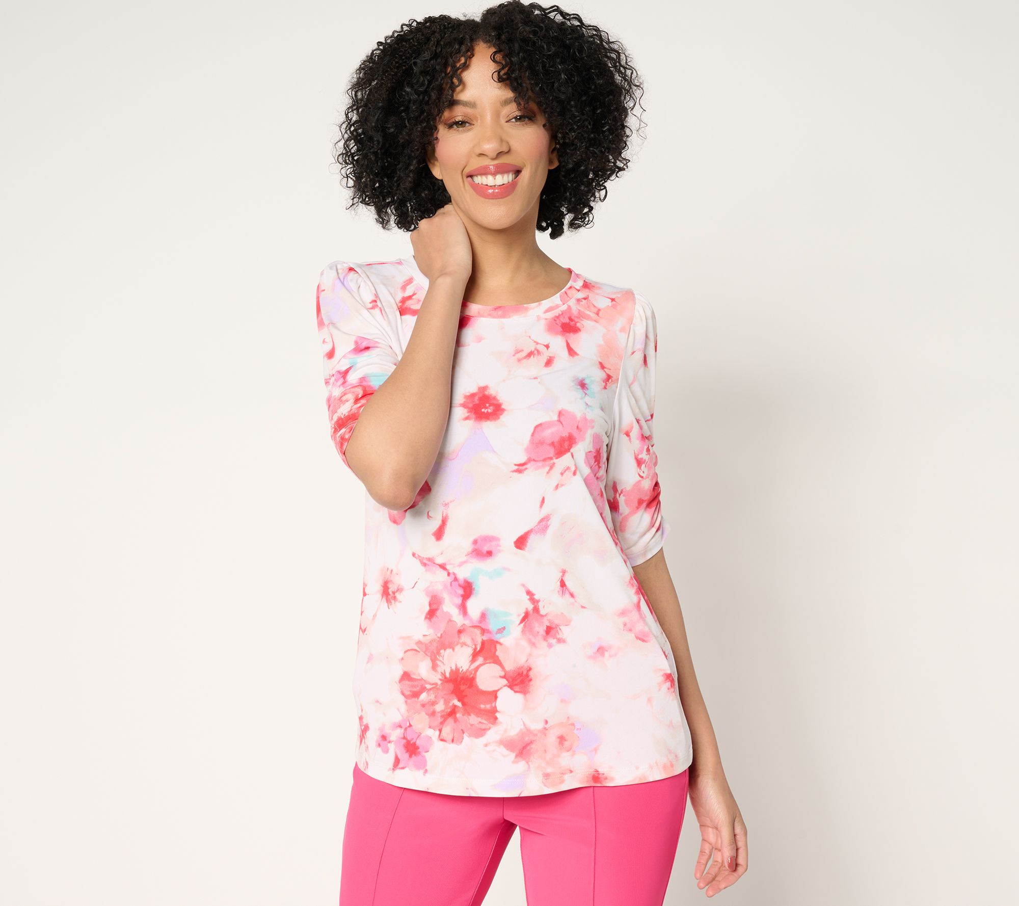 "As Is" Susan Graver Printed Liquid Knit Crew Neck Top w/Ruched Sleeve