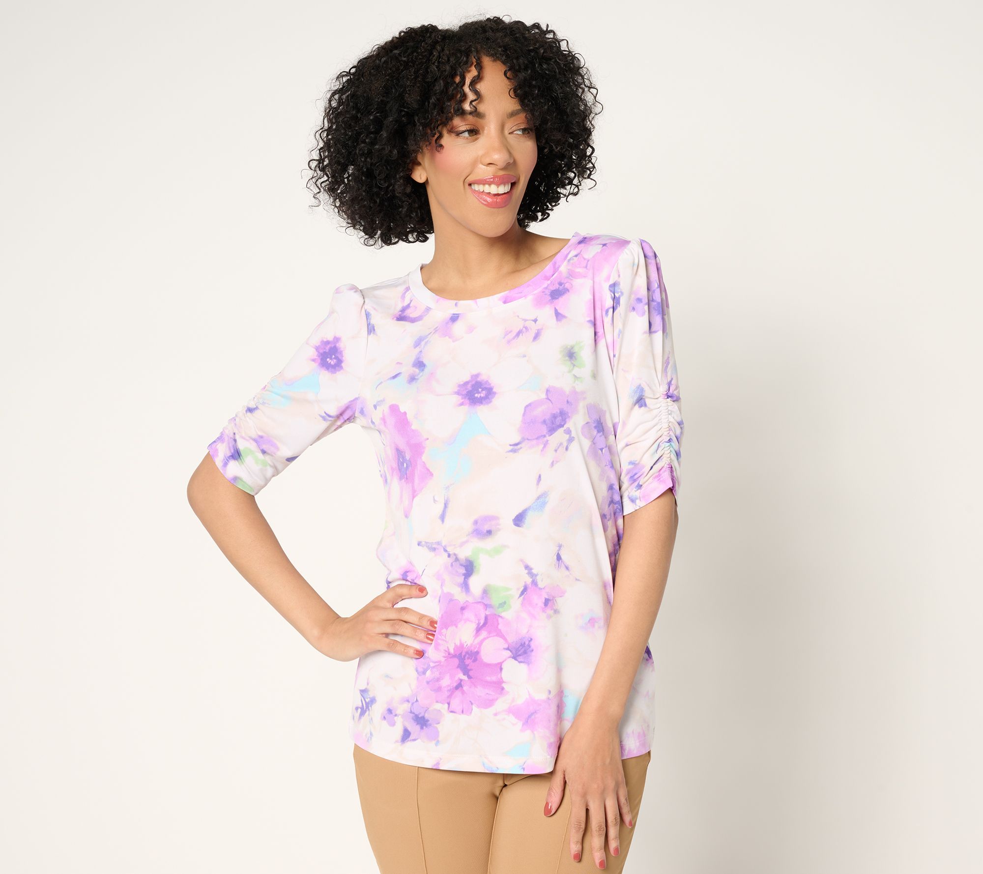 "As Is" Susan Graver Printed Liquid Knit Crew Neck Top w/Ruched Sleeve