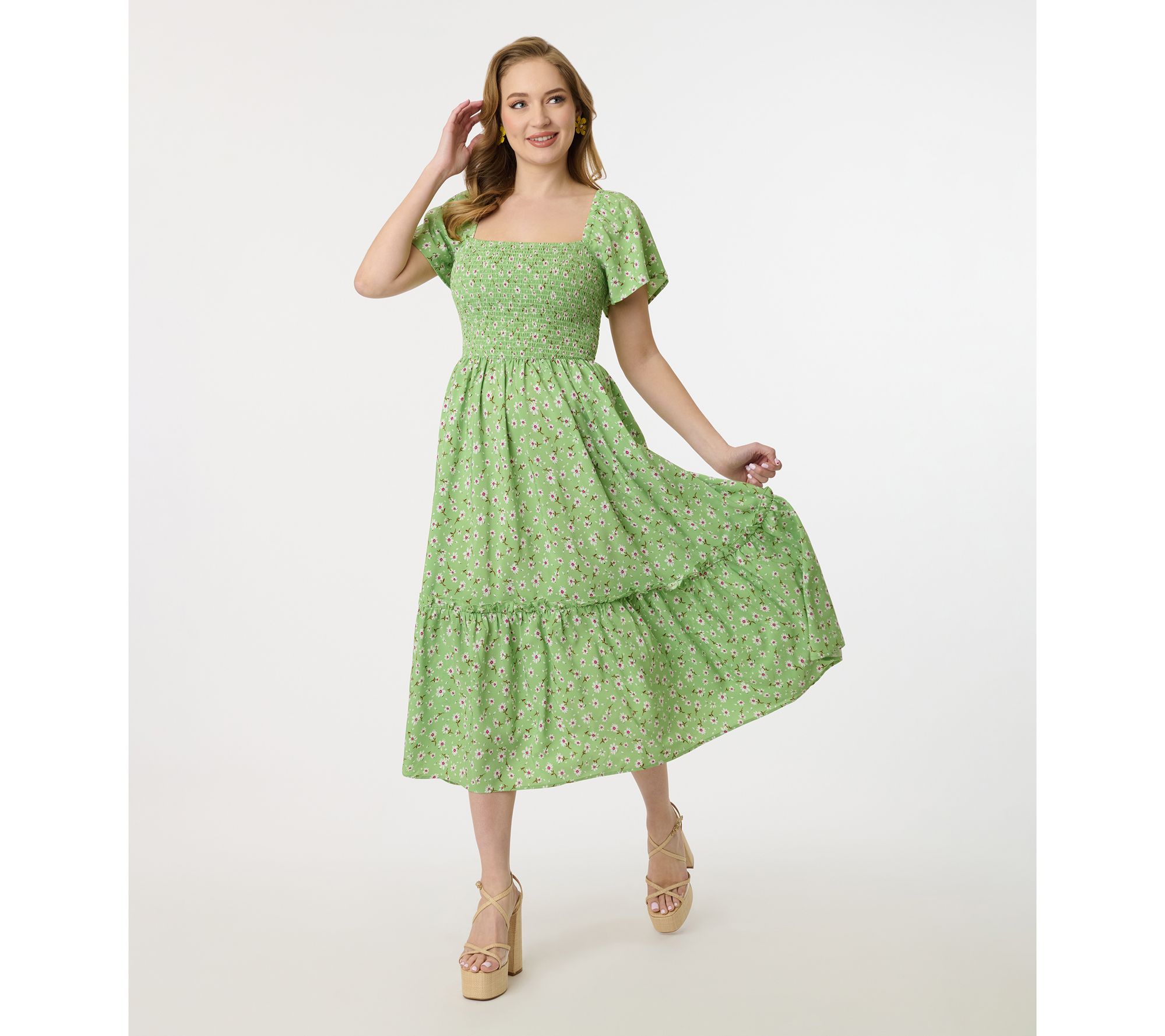 Unique Vintage Ditsy Floral Smocked Bodice MidiDress