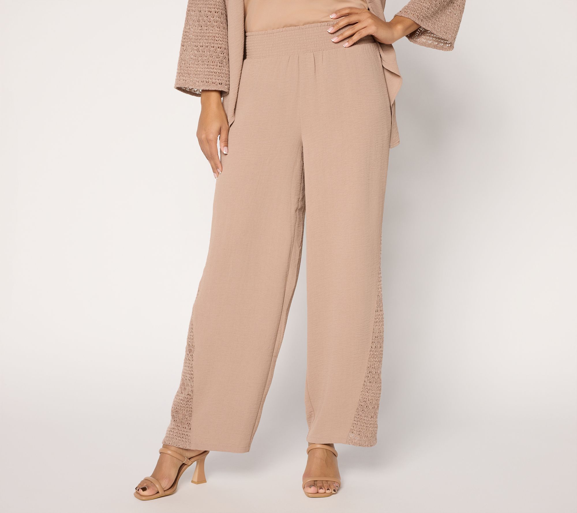 Susan Graver Weekend Regular Stretch Woven Wide Leg Pants with Lace