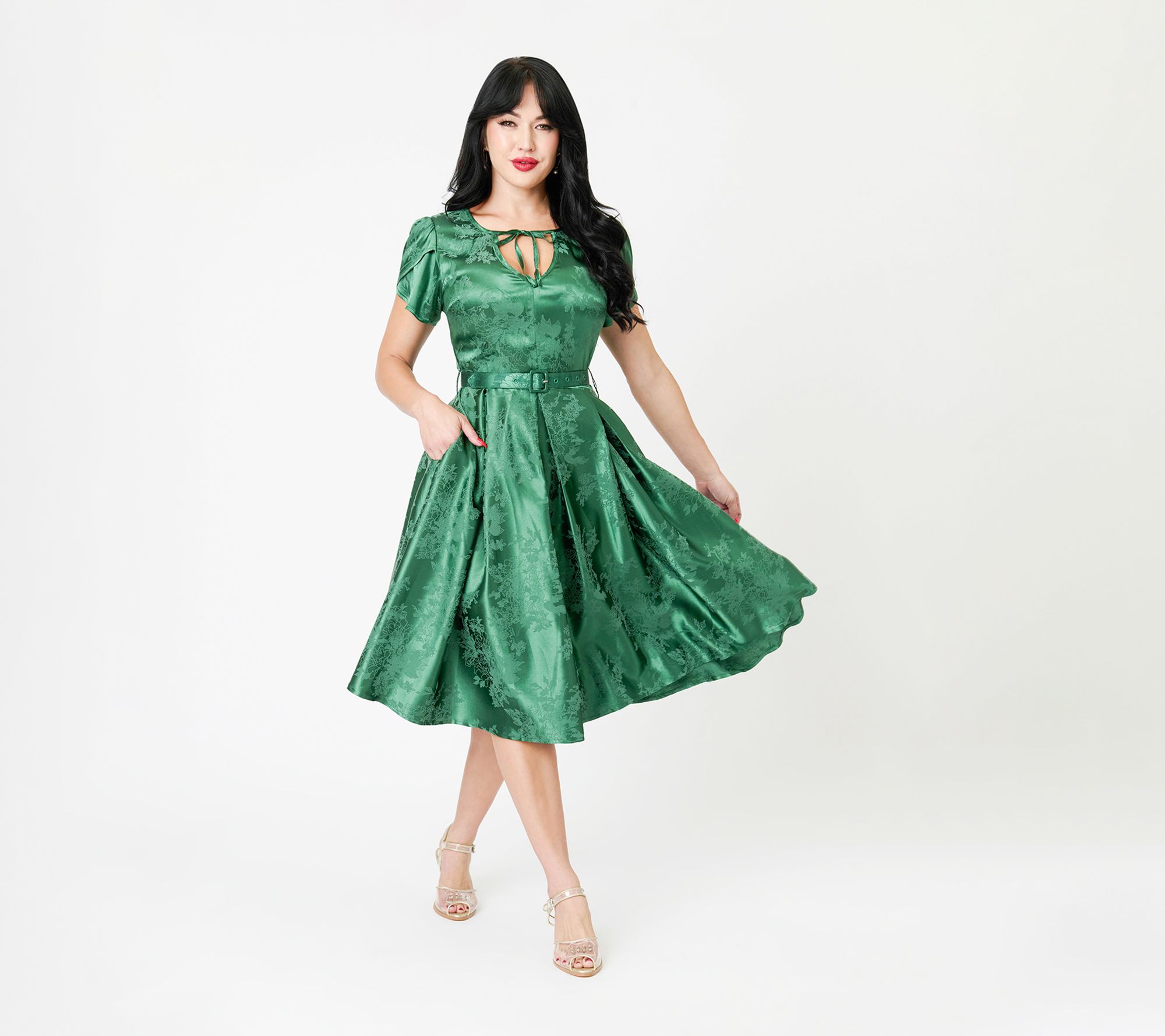  Unique Vintage Emerald Green Floral Print Dahlia Swing Dress