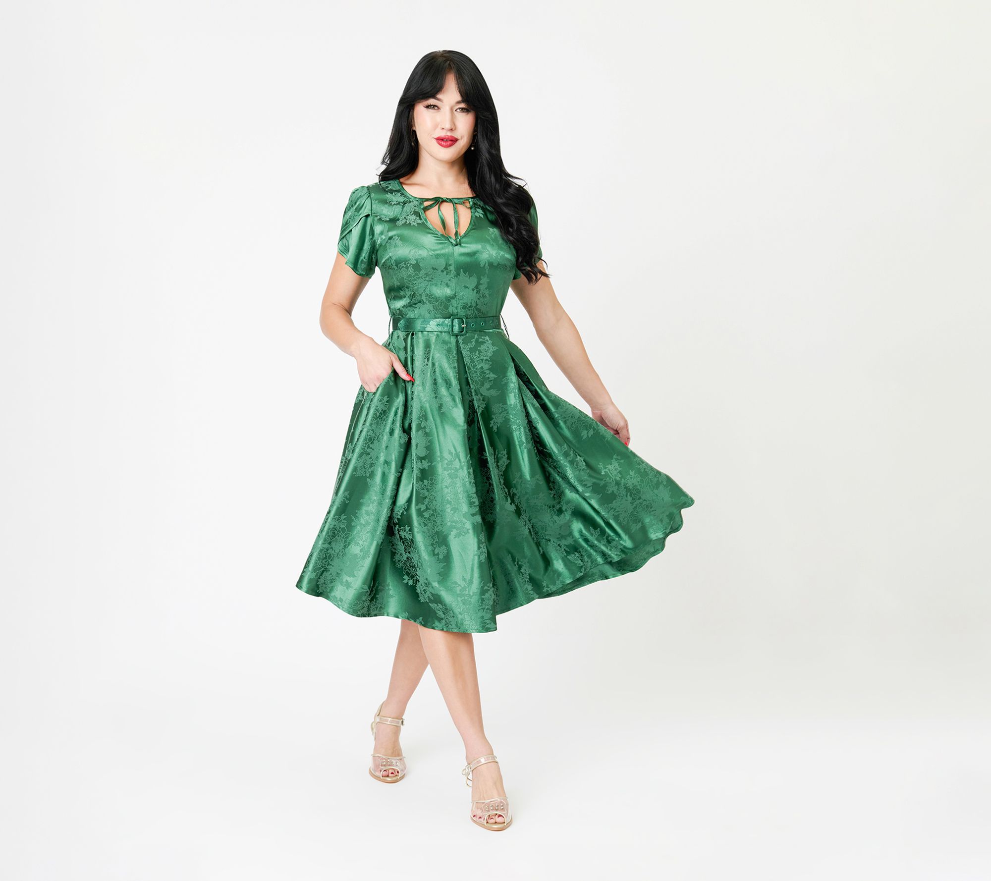 Unique Vintage Emerald Green Floral Print Dahlia Swing Dress