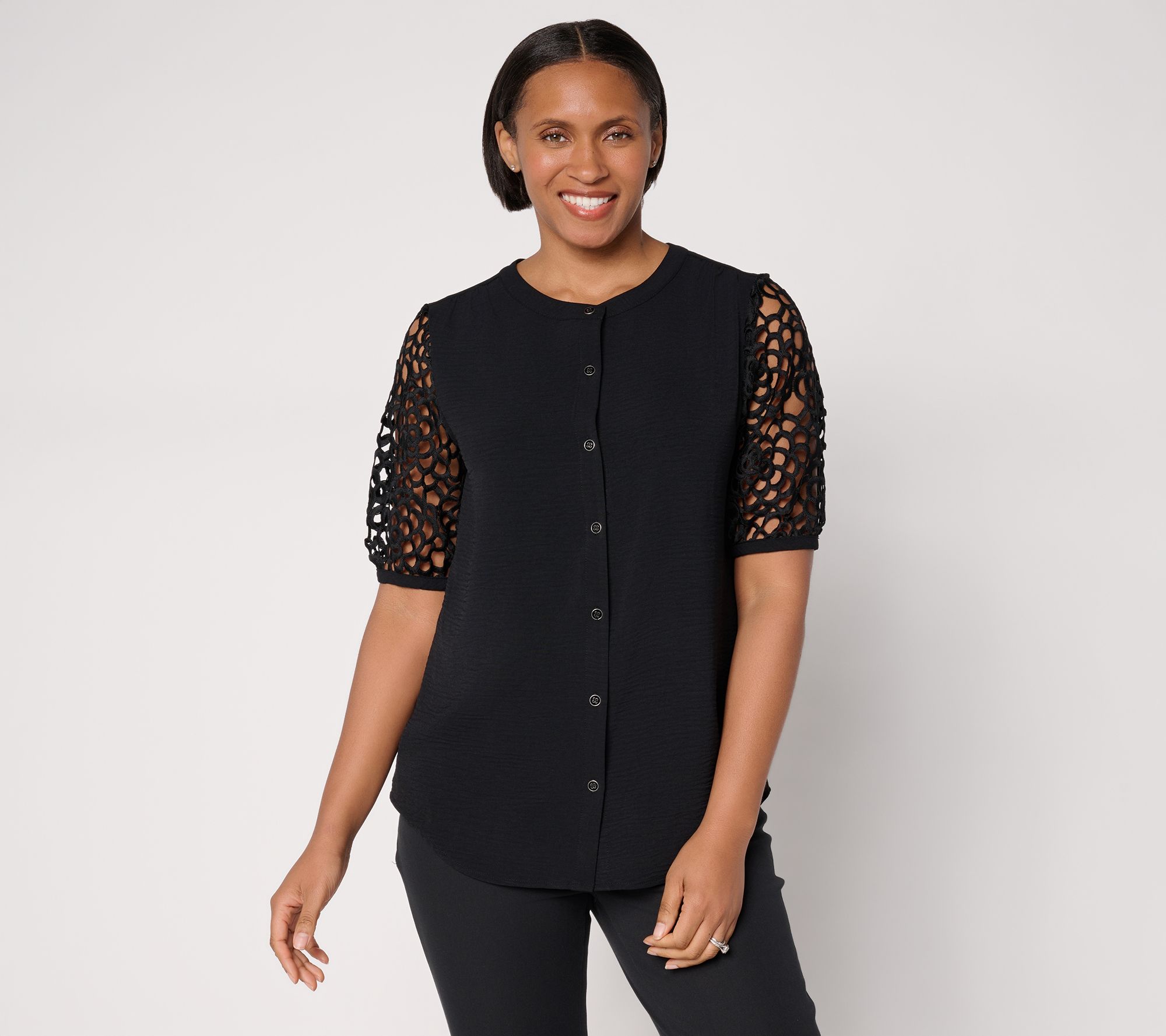 Susan Graver Crinkled Woven Button-Front Top w/ Lace Sleeves