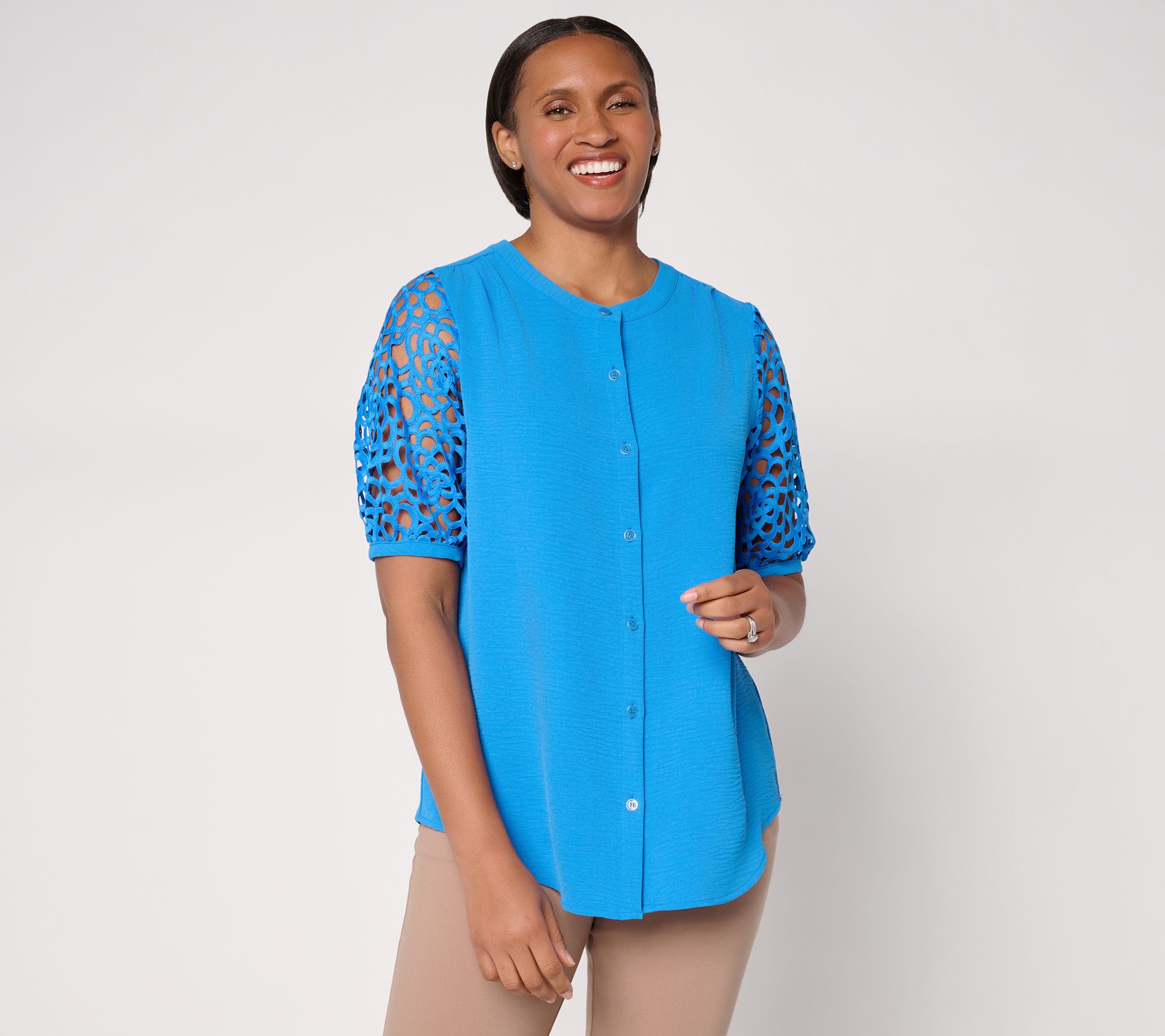 Susan Graver Crinkled Woven Button-Front Top w/ Lace Sleeves