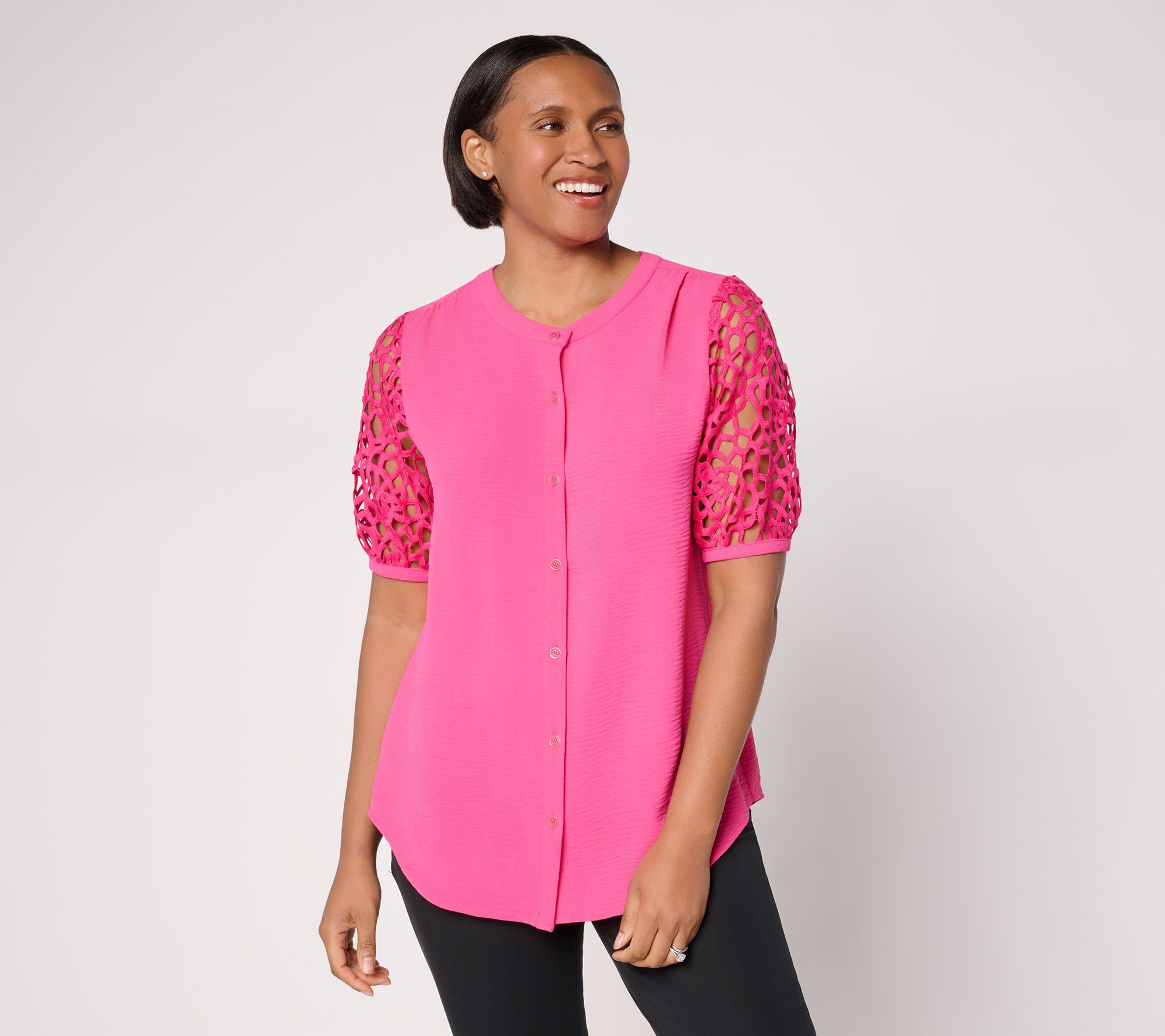 Susan Graver Crinkled Woven Button-Front Top w/ Lace Sleeves