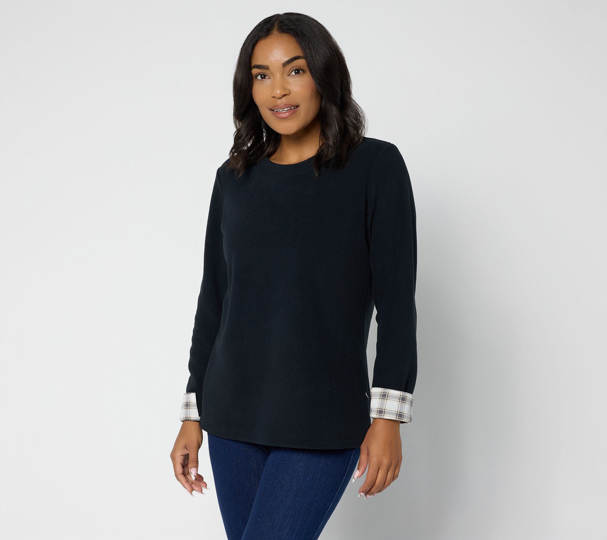 "As Is" Denim & Co. Fleece Top with Plaid Accents