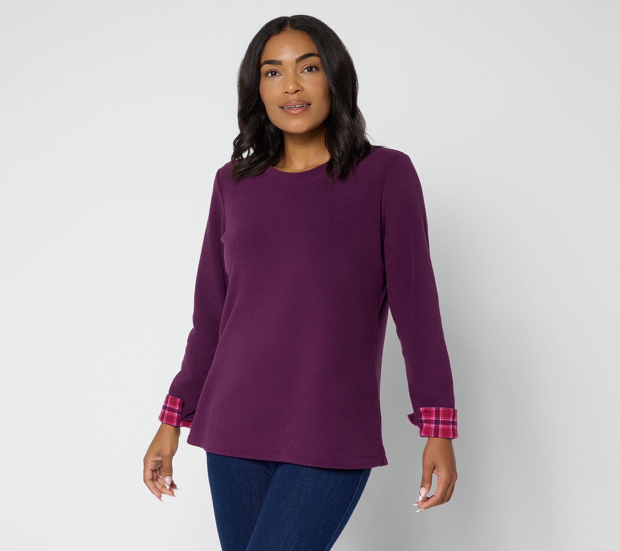 "As Is" Denim & Co. Fleece Top with Plaid Accents