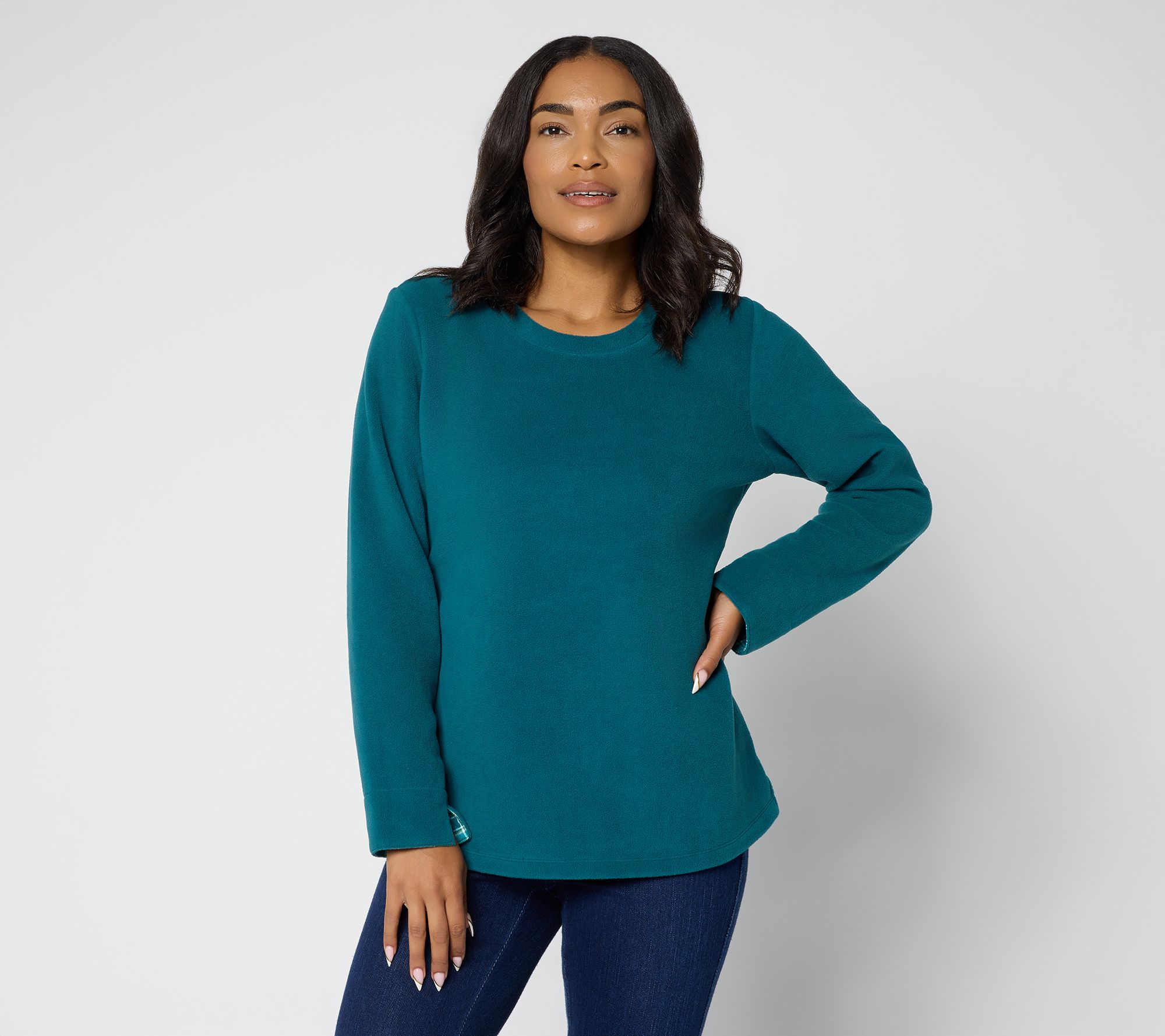 "As Is" Denim & Co. Fleece Top with Plaid Accents