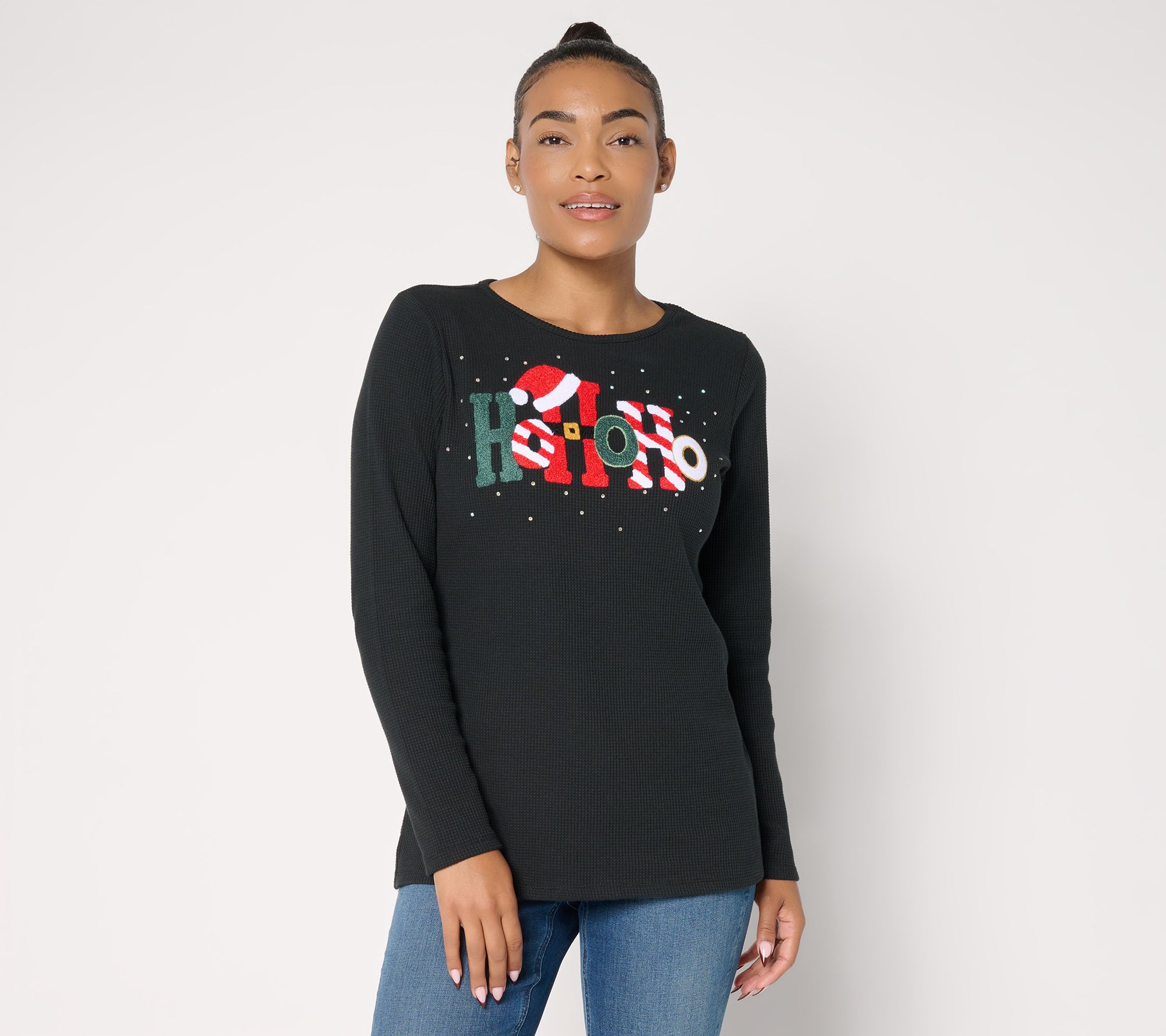 "As Is" Quacker Factory Good Tidings Punch Needle Waffle Knit Top