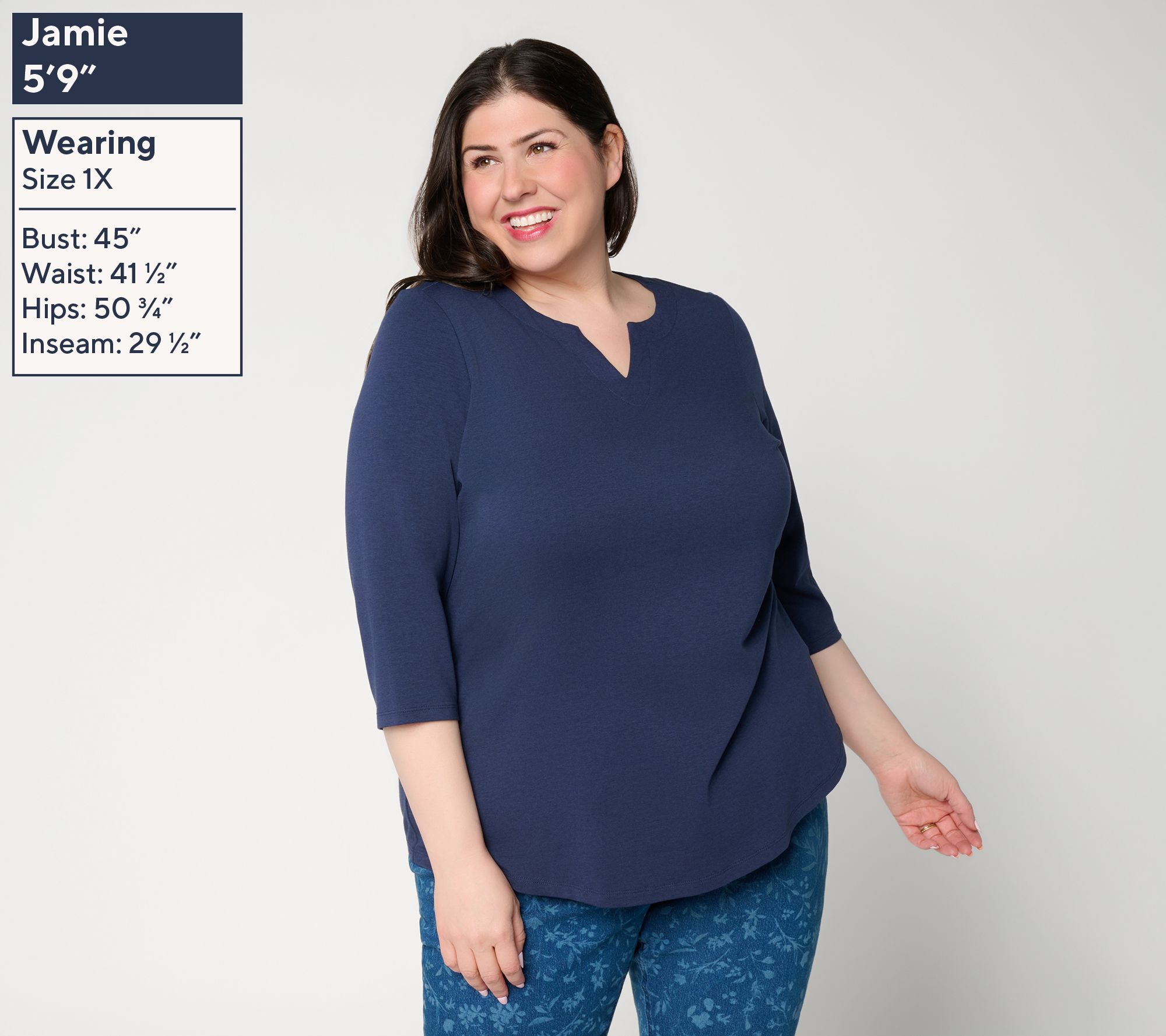 Denim & Co. Essentials Favorite Jersey 3/4 Sleeve Split Neck Top | QVC