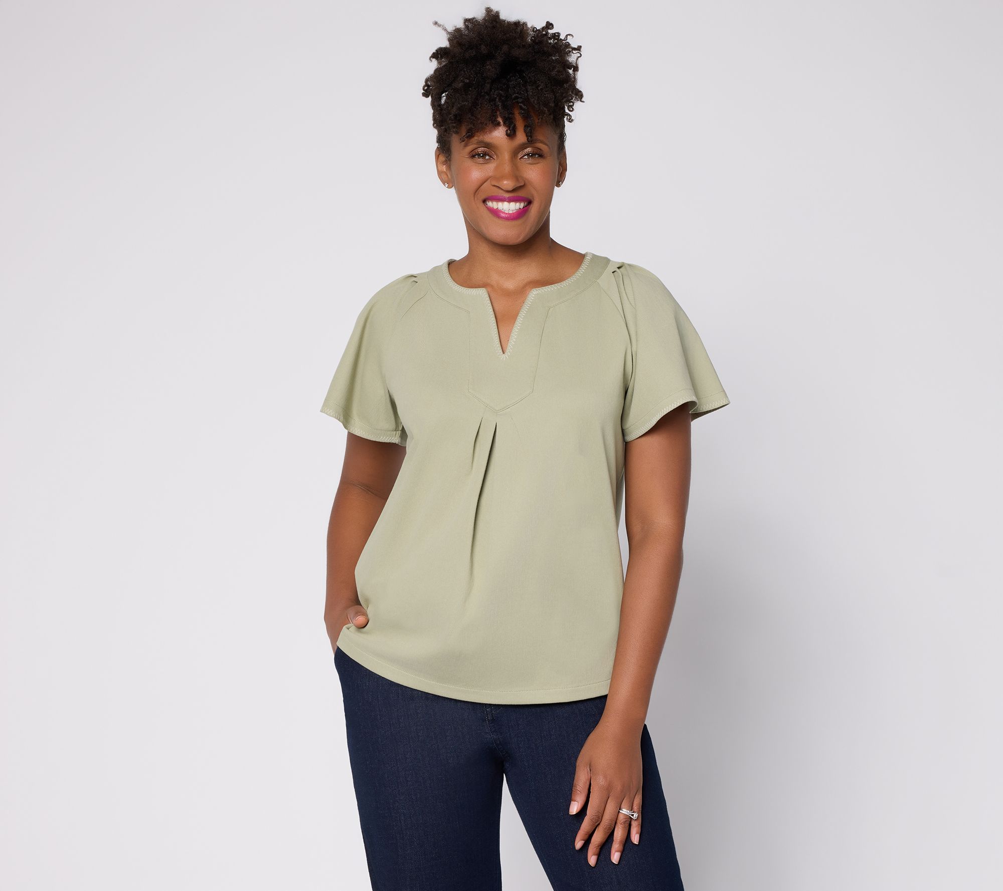 Denim & Co. Comfy Knit Air Raglan Flutter Sleeve Y-Neck Top