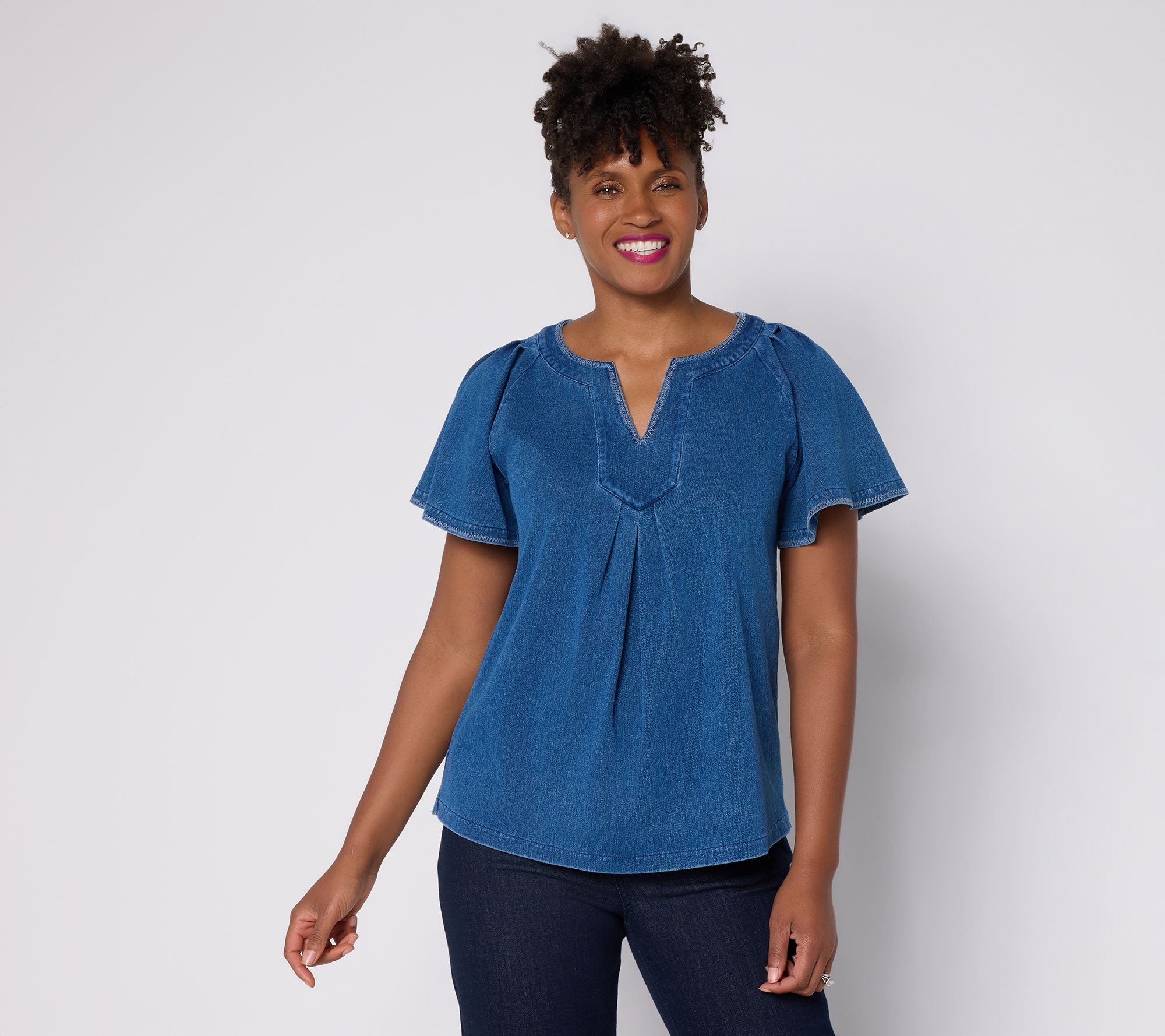 Denim & Co. Comfy Knit Air Raglan Flutter Sleeve Y-Neck Top