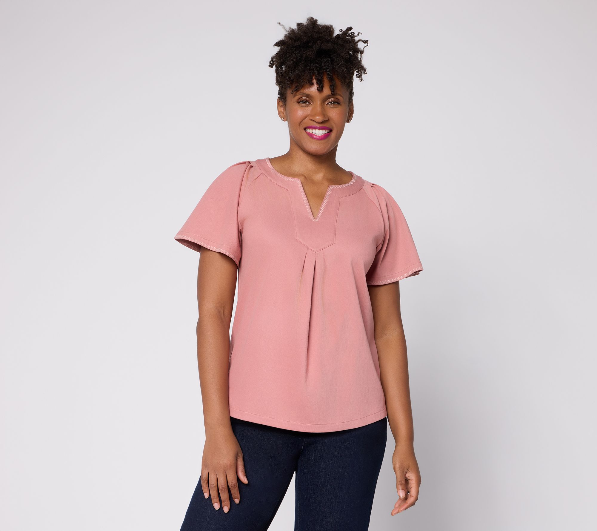 Denim & Co. Comfy Knit Air Raglan Flutter Sleeve Y-Neck Top