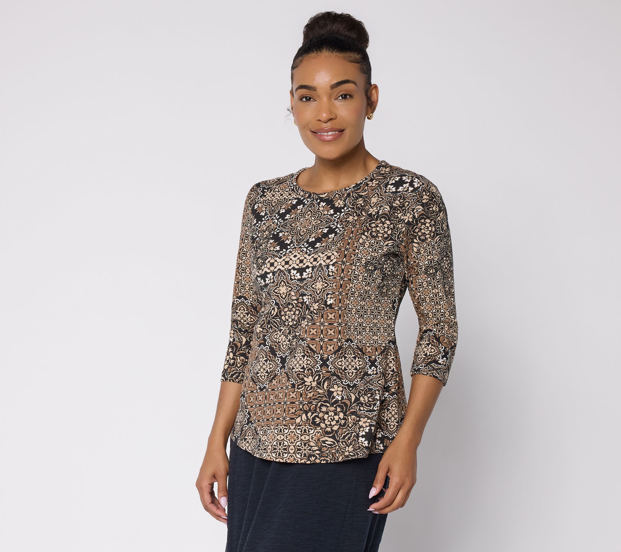 Denim & Co. Printed Texture Knit 3/4-Sleeve Round Neck Top