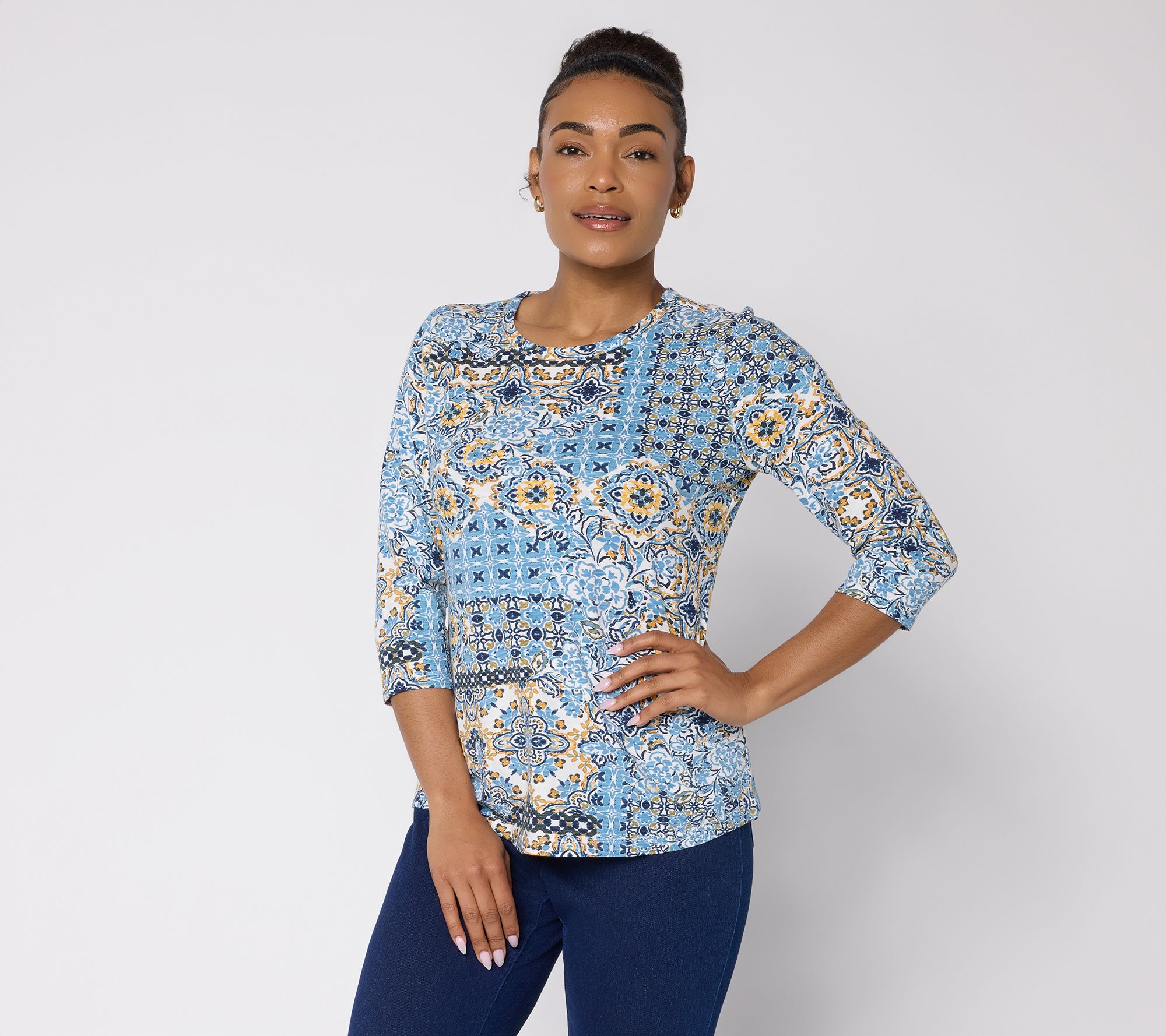 Denim & Co. Printed Texture Knit 3/4-Sleeve Round Neck Top