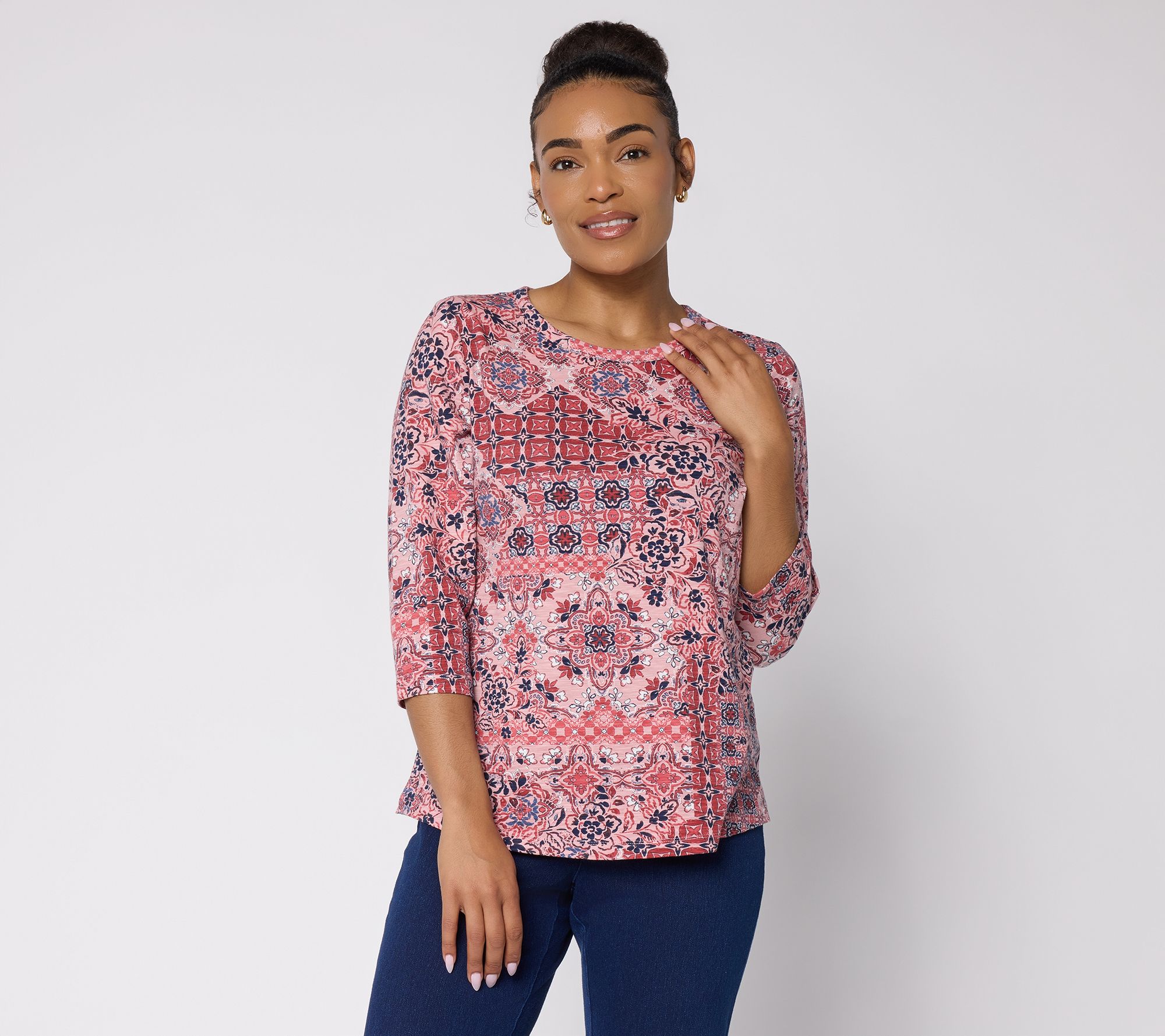 Denim & Co. Printed Texture Knit 3/4-Sleeve Round Neck Top