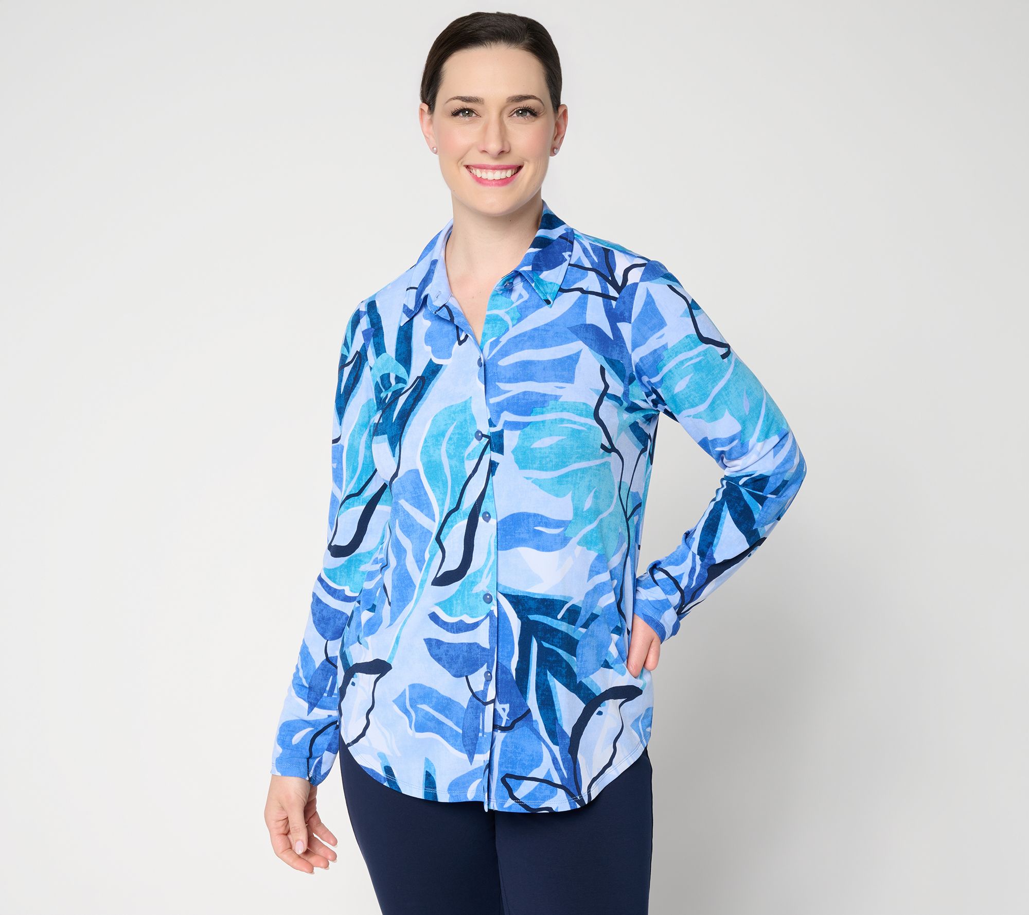 Susan Graver Printed Liquid Knit Button-Front Shirt