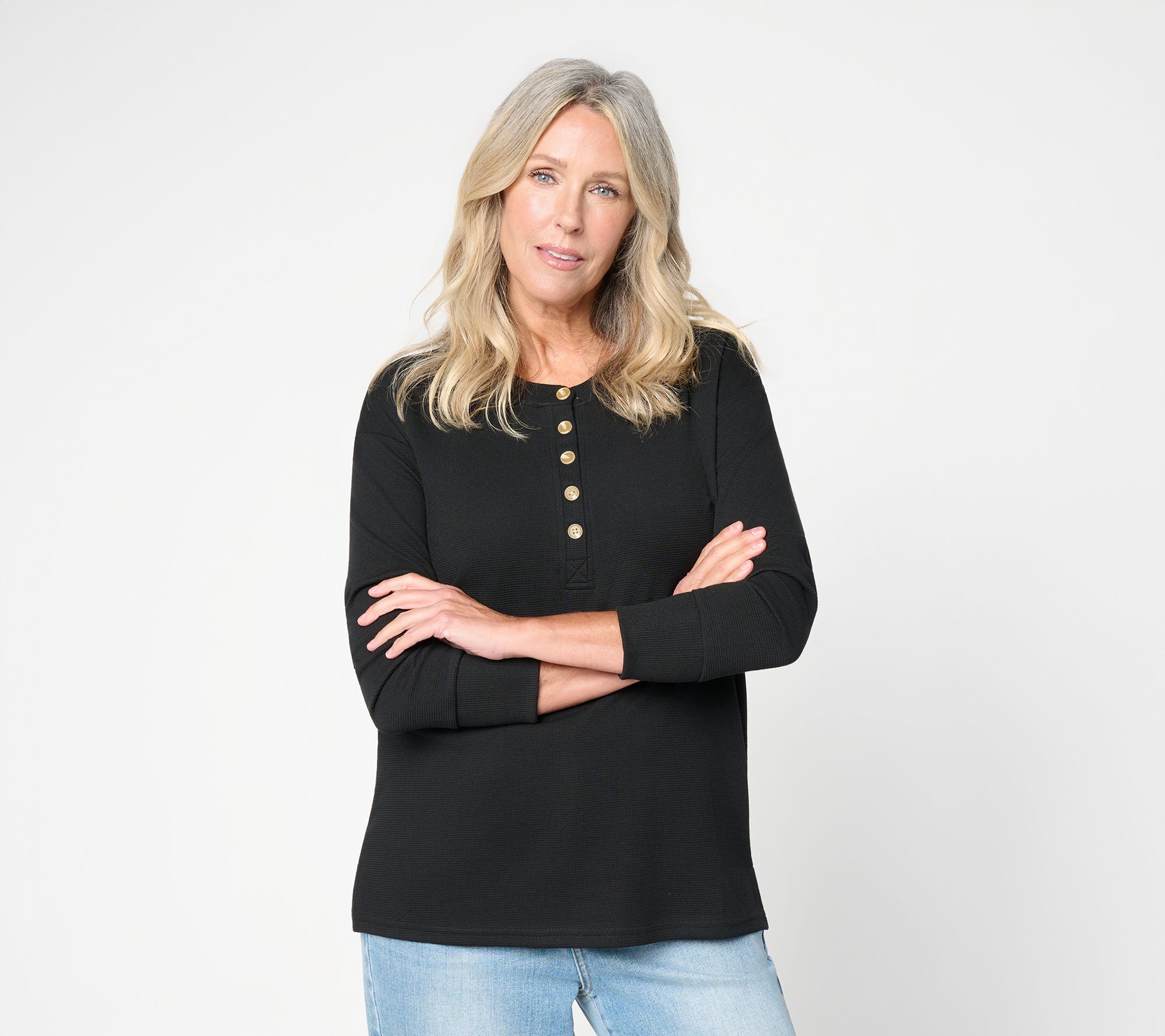 Belle by Kim Gravel ScubaLuxe Waffle Henley w/ Horn Button