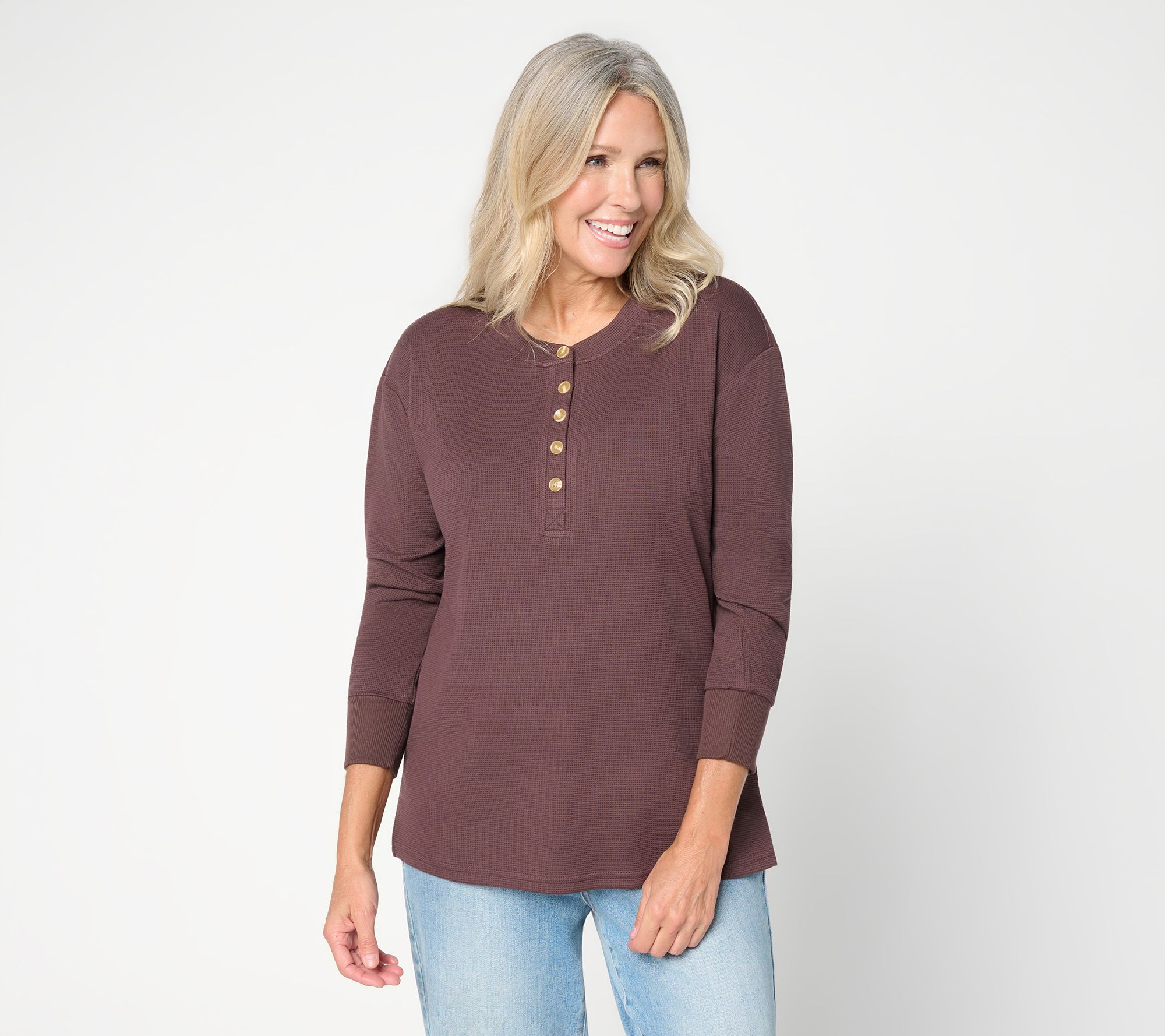Belle by Kim Gravel ScubaLuxe Waffle Henley w/ Horn Button