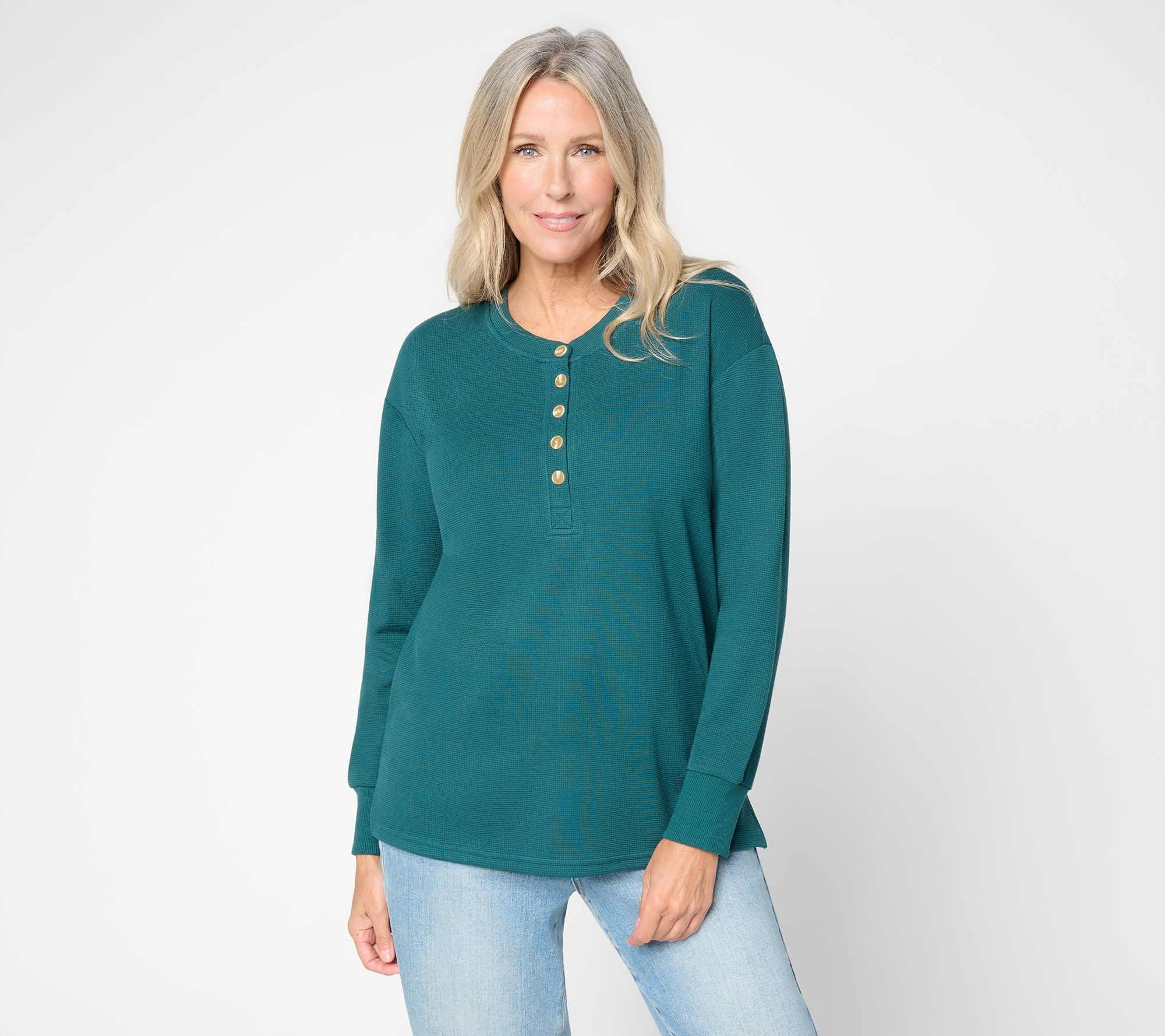 Belle by Kim Gravel ScubaLuxe Waffle Henley w/ Horn Button