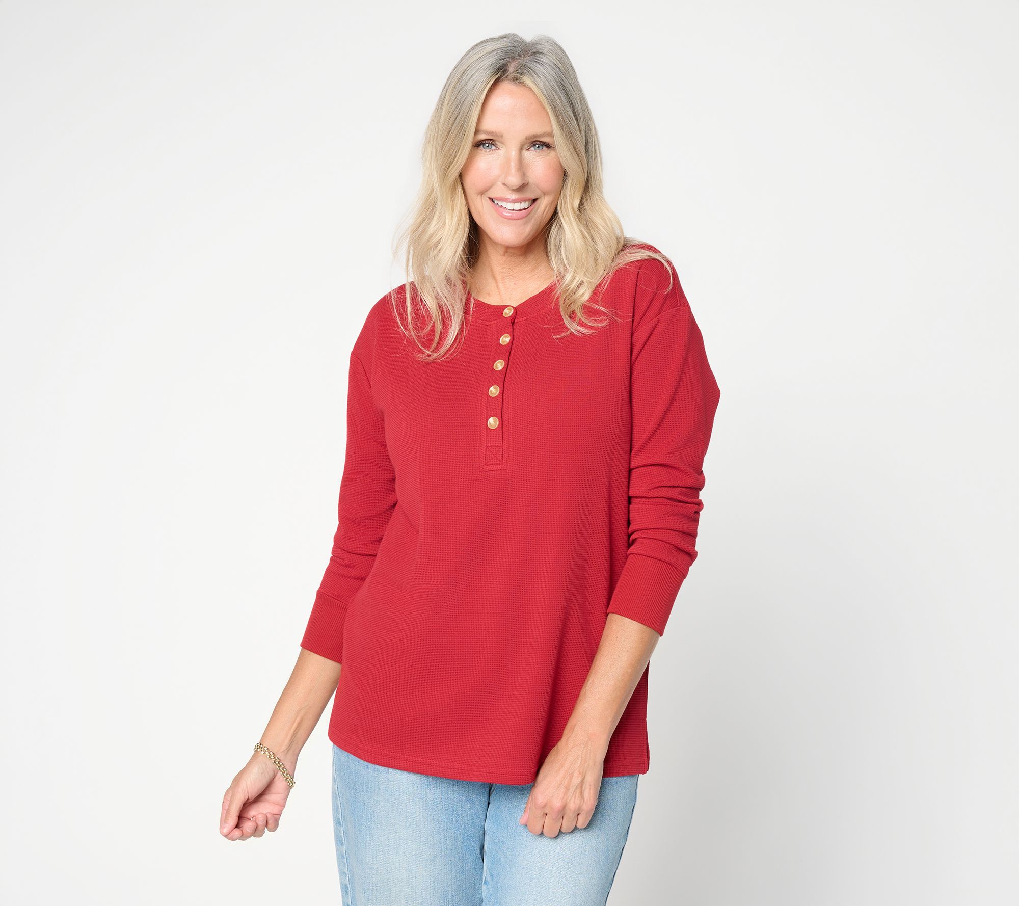 Belle by Kim Gravel ScubaLuxe Waffle Henley w/ Horn Button