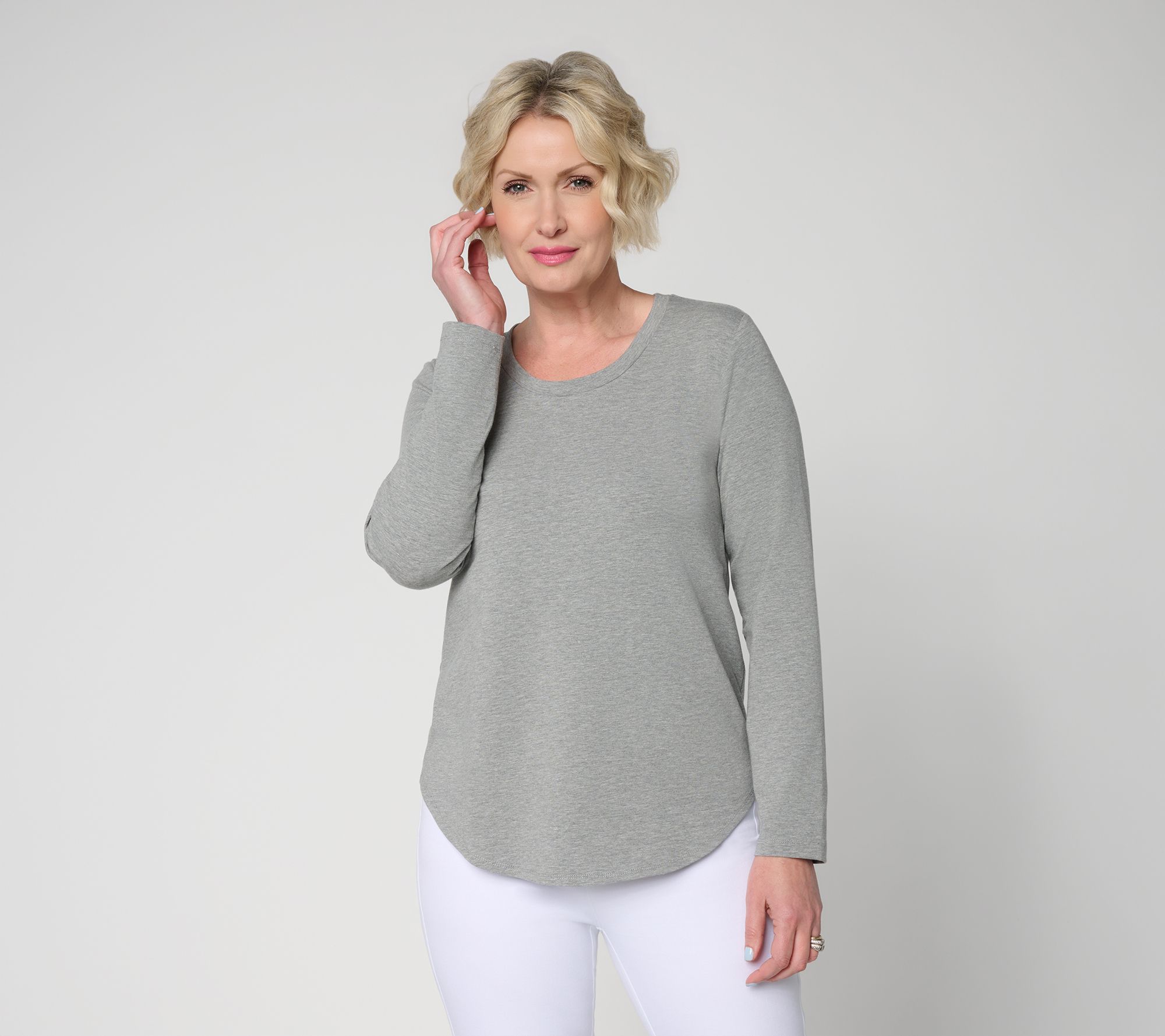 Susan Graver Weekend Comfy Cotton Scoop Neck Top with Shirttail Hem