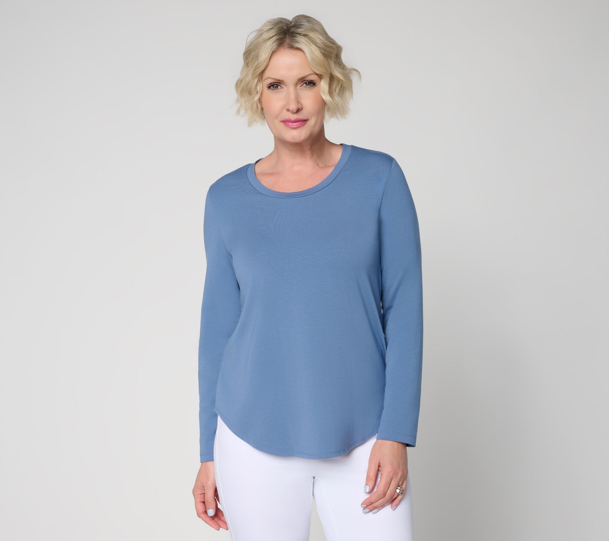 Susan Graver Weekend Comfy Cotton Scoop Neck Top with Shirttail Hem