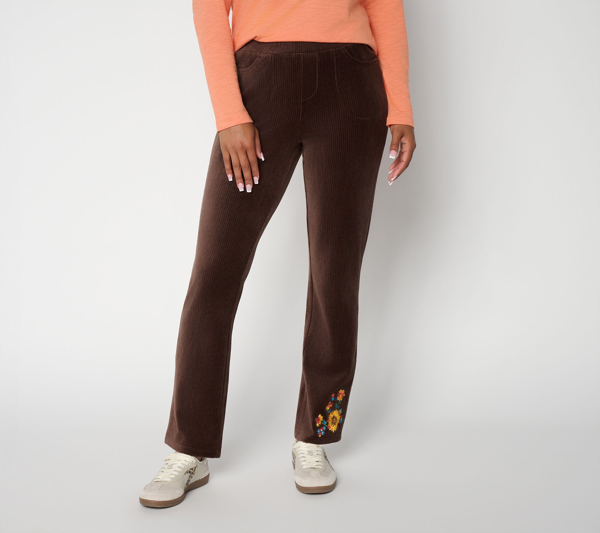 Quacker Factory Corduroy Straight Leg Floral Pants