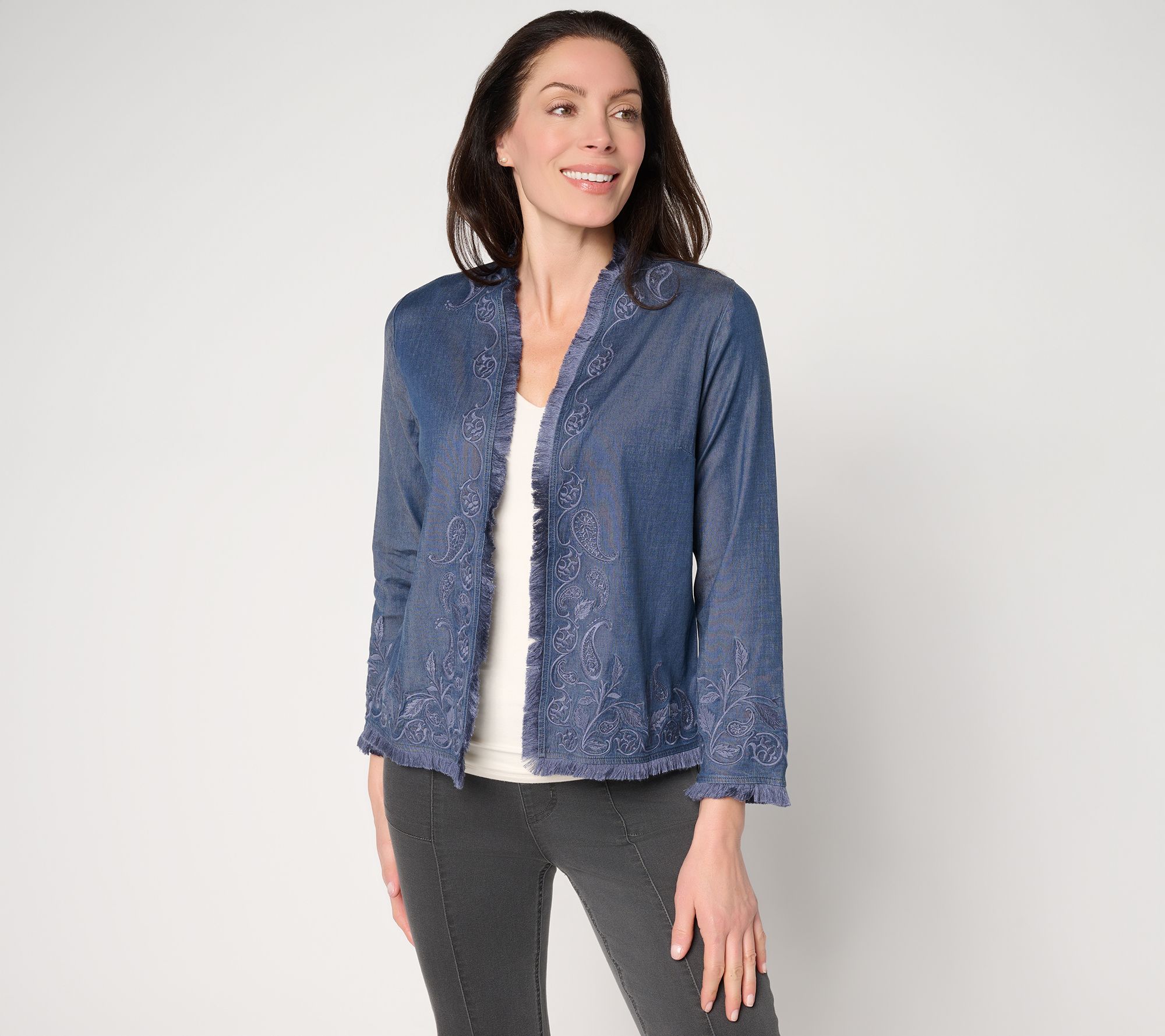 "As Is" Susan Graver Stretch Chambray Embroidered Topper