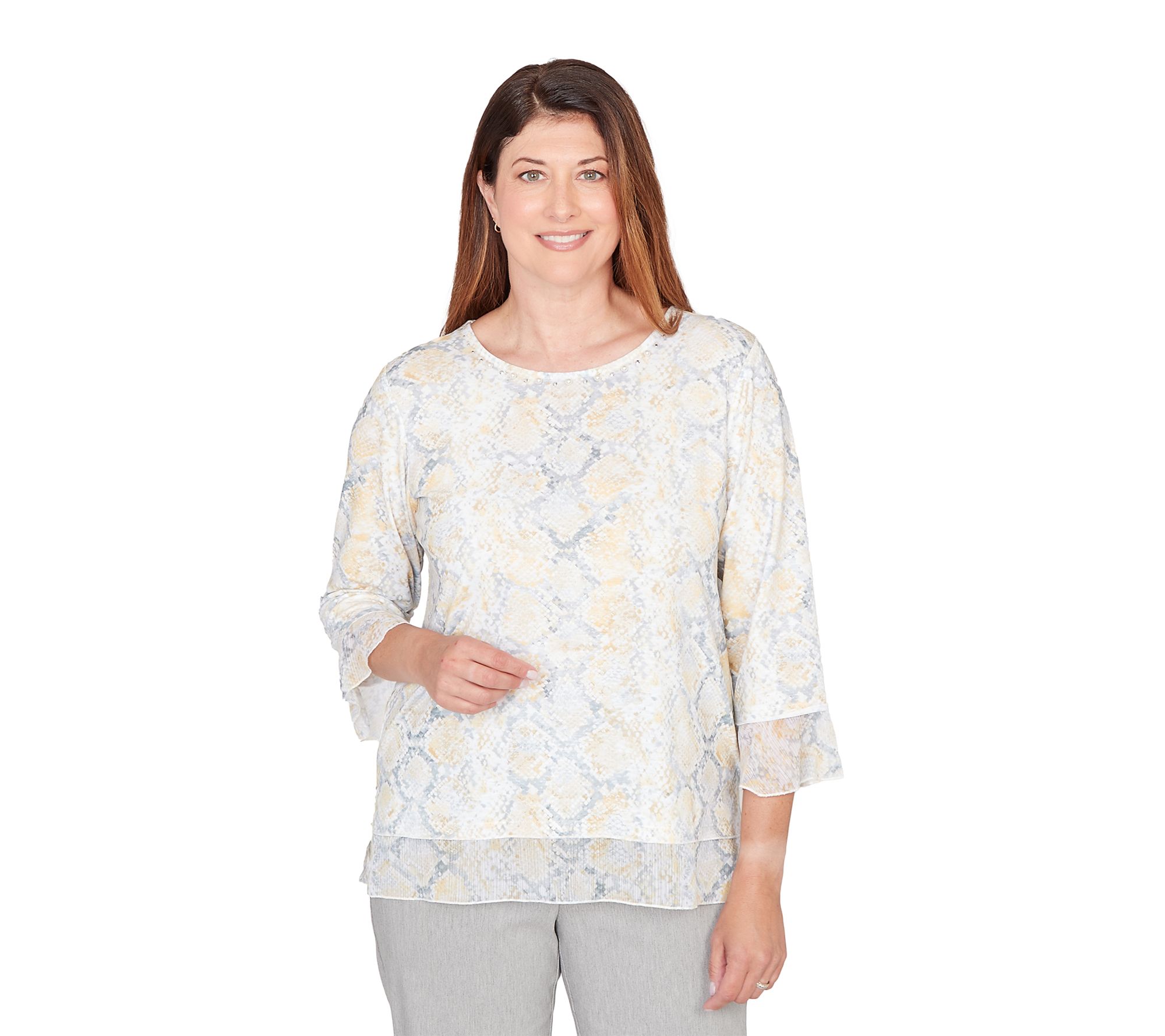 Alfred Dunner Women's Python Printed Knit Flutter Sleeve Top