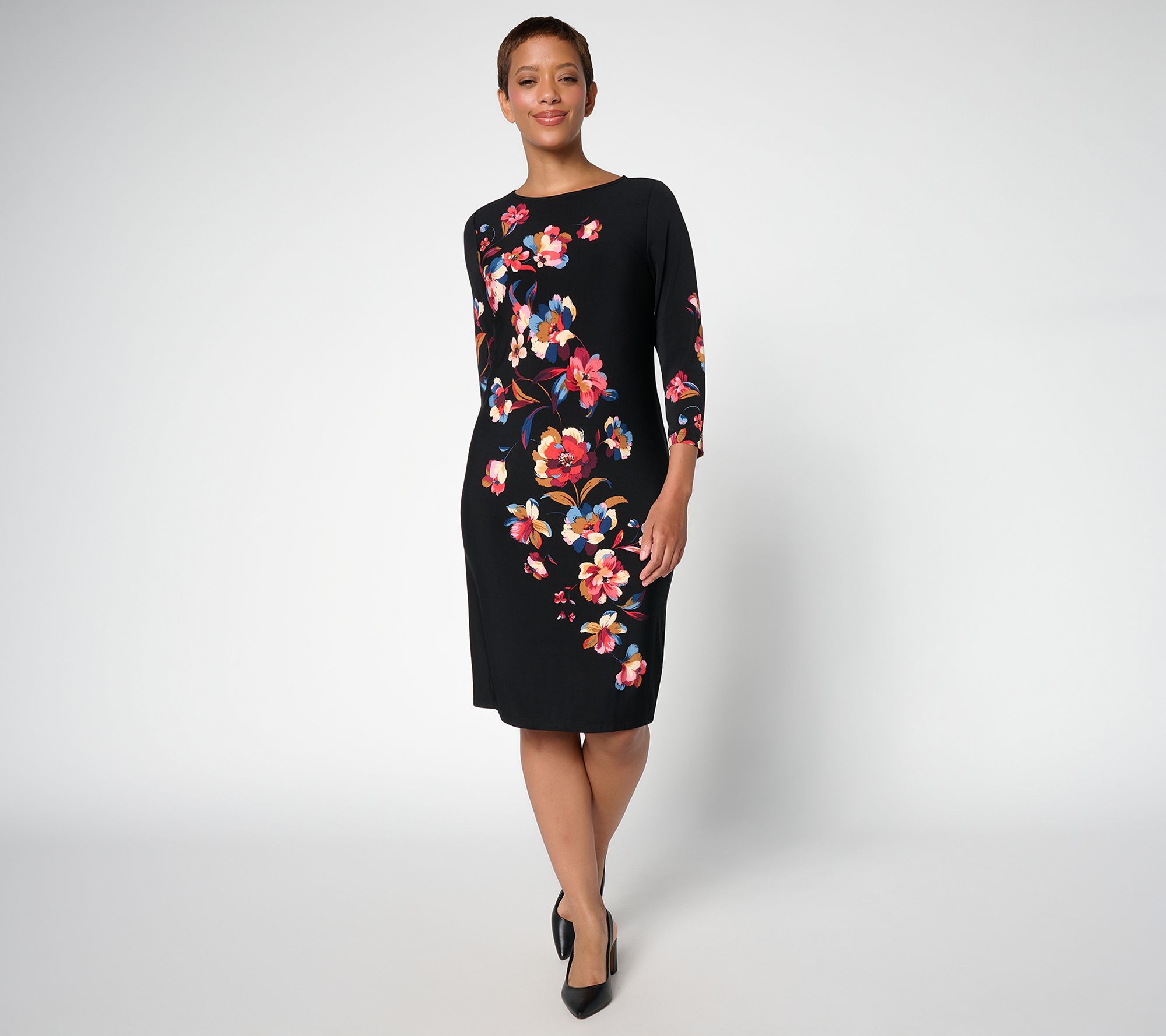 Susan Graver Regular Printed Liquid Knit 3/4 Sleeve Dress