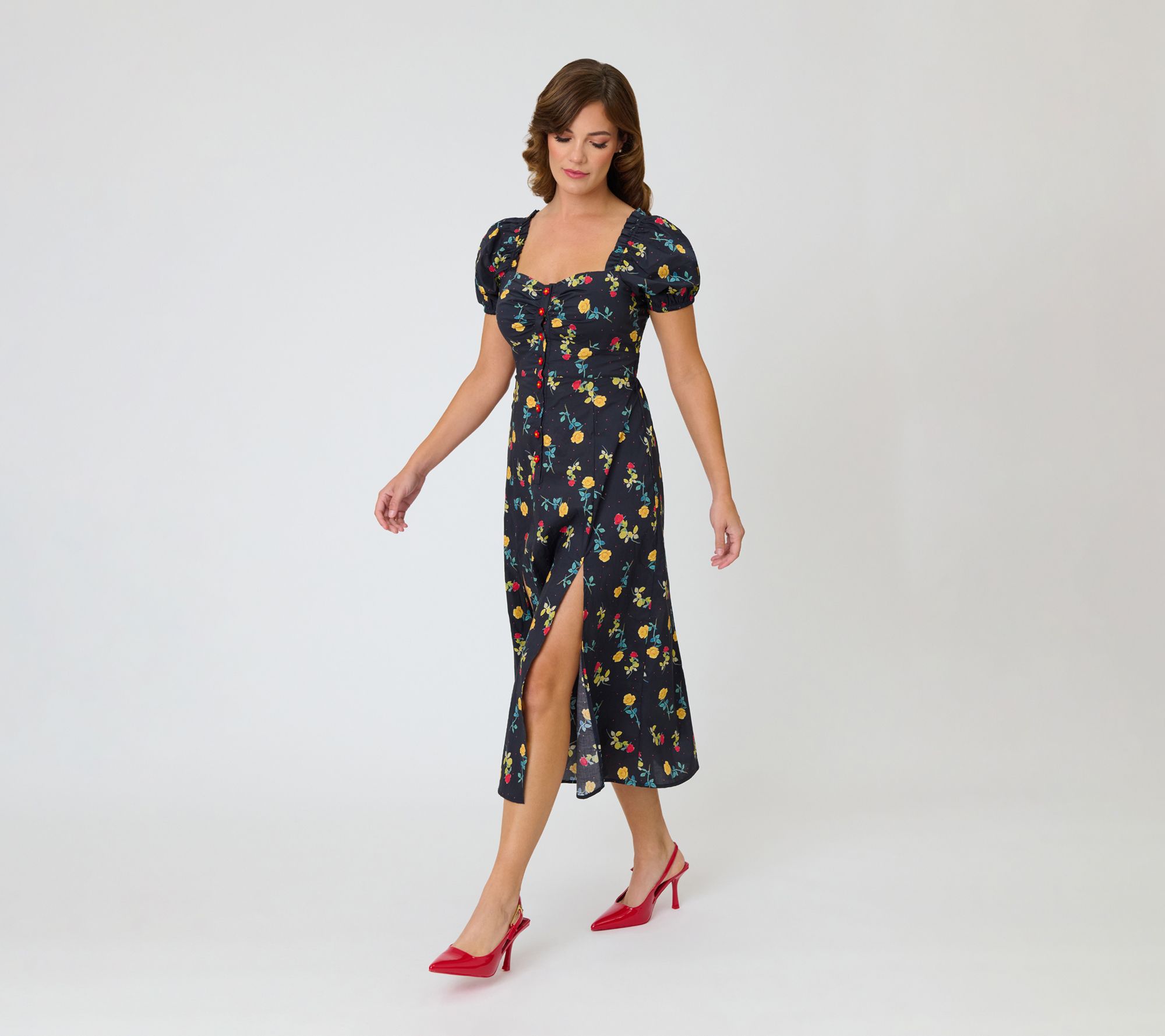 Unique Vintage 1940s Black Floral Midi Dress