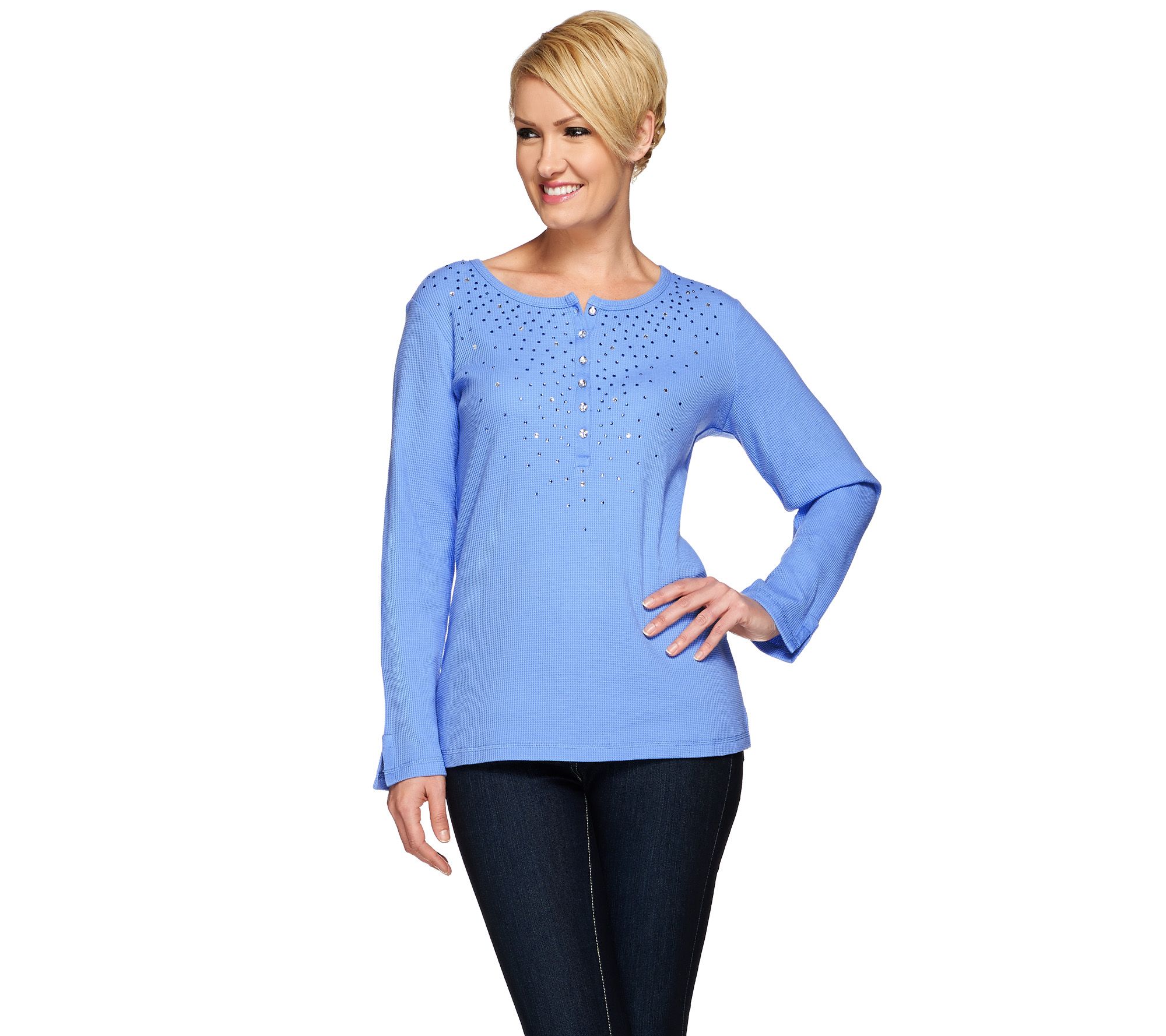 Quacker Factory Rhinestone Waffle Knit Long Sleeve Top - Page 1 — QVC.com