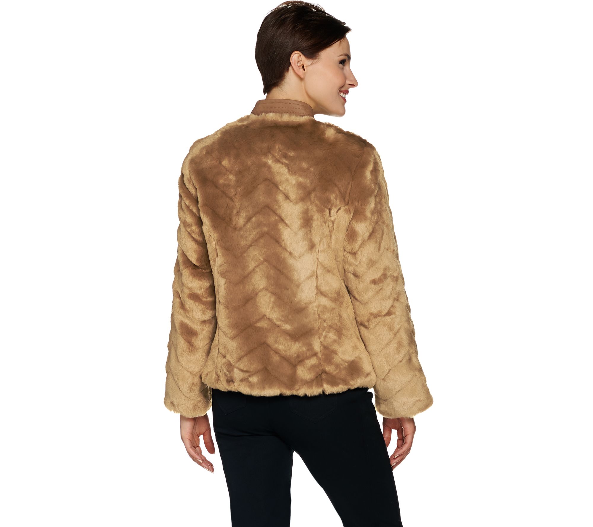 Dennis Basso Chevron Faux Fur Jacket With Collar 