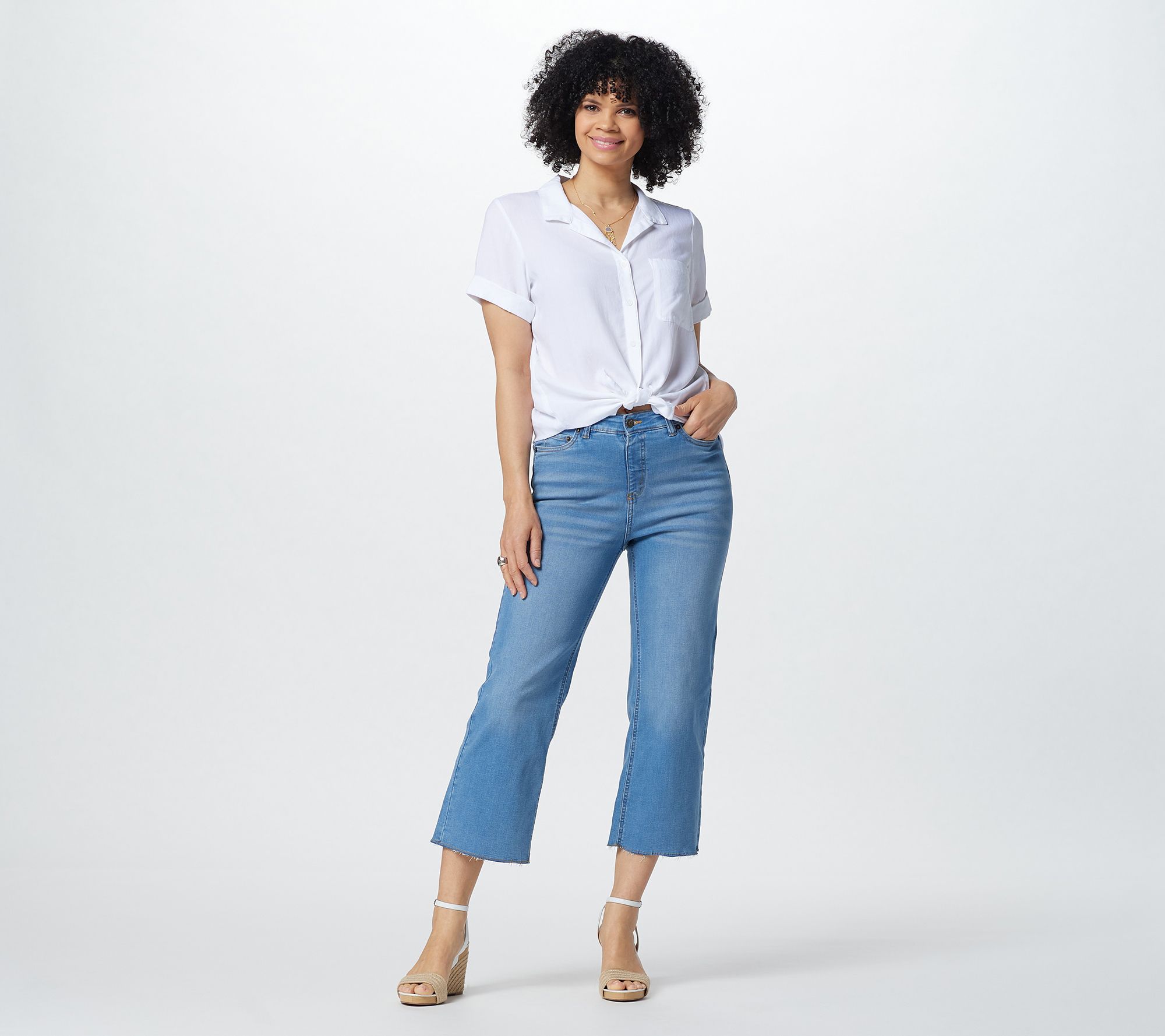 Pay attention to Push Bad luck Denim & Co. Petite Easy Stretch Denim Cropped Wide Leg Jean w/Fray - QVC.com