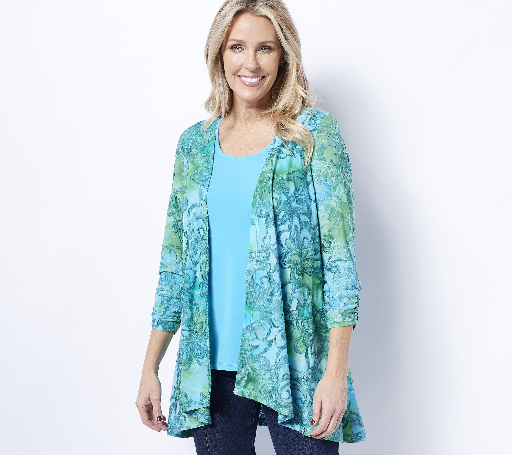 Susan Graver Burnout Knit Cardigan and Liquid Knit Tank Set QVC