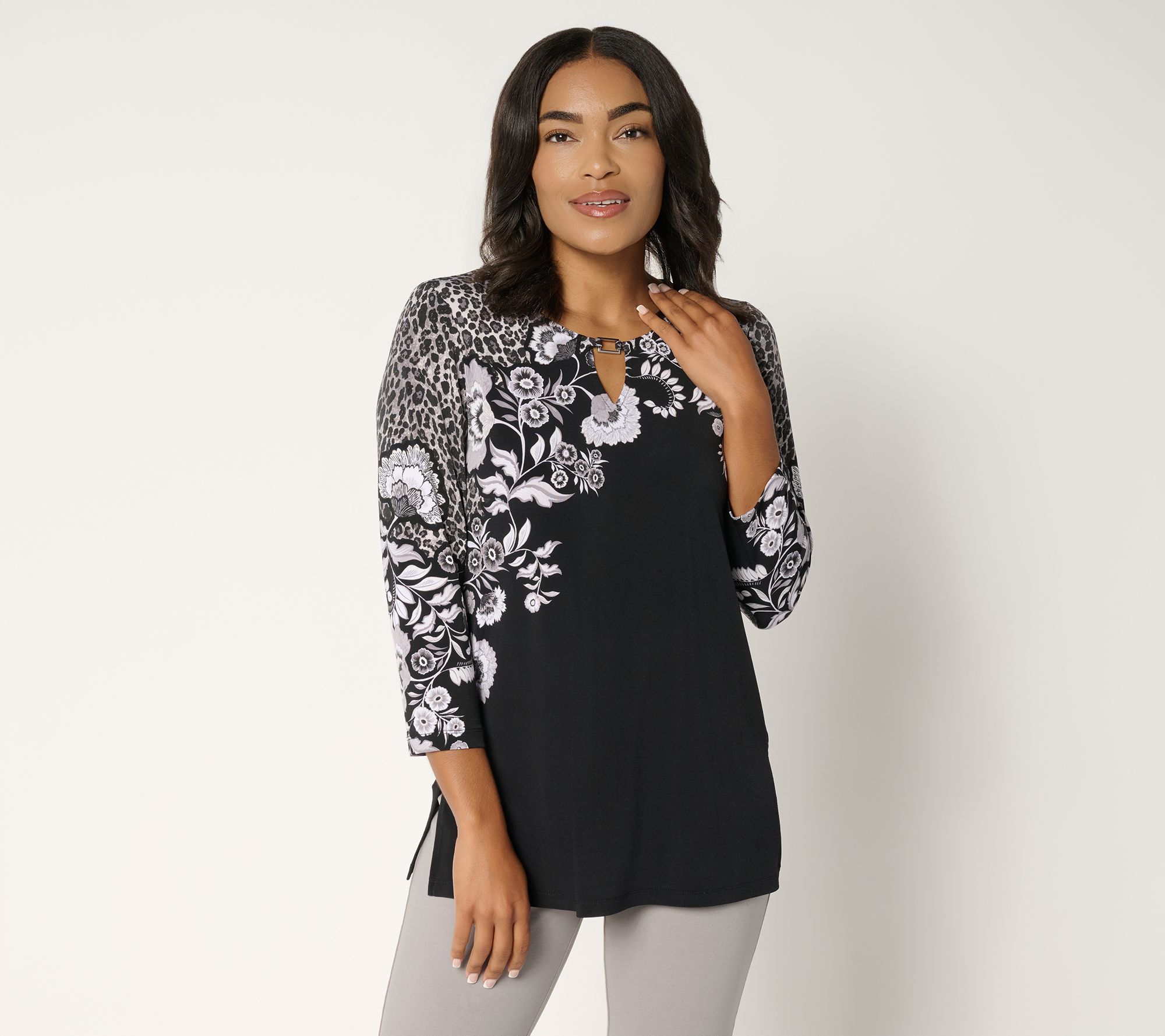 Susan Graver Printed Liquid Knit Top with Keyhole Trim