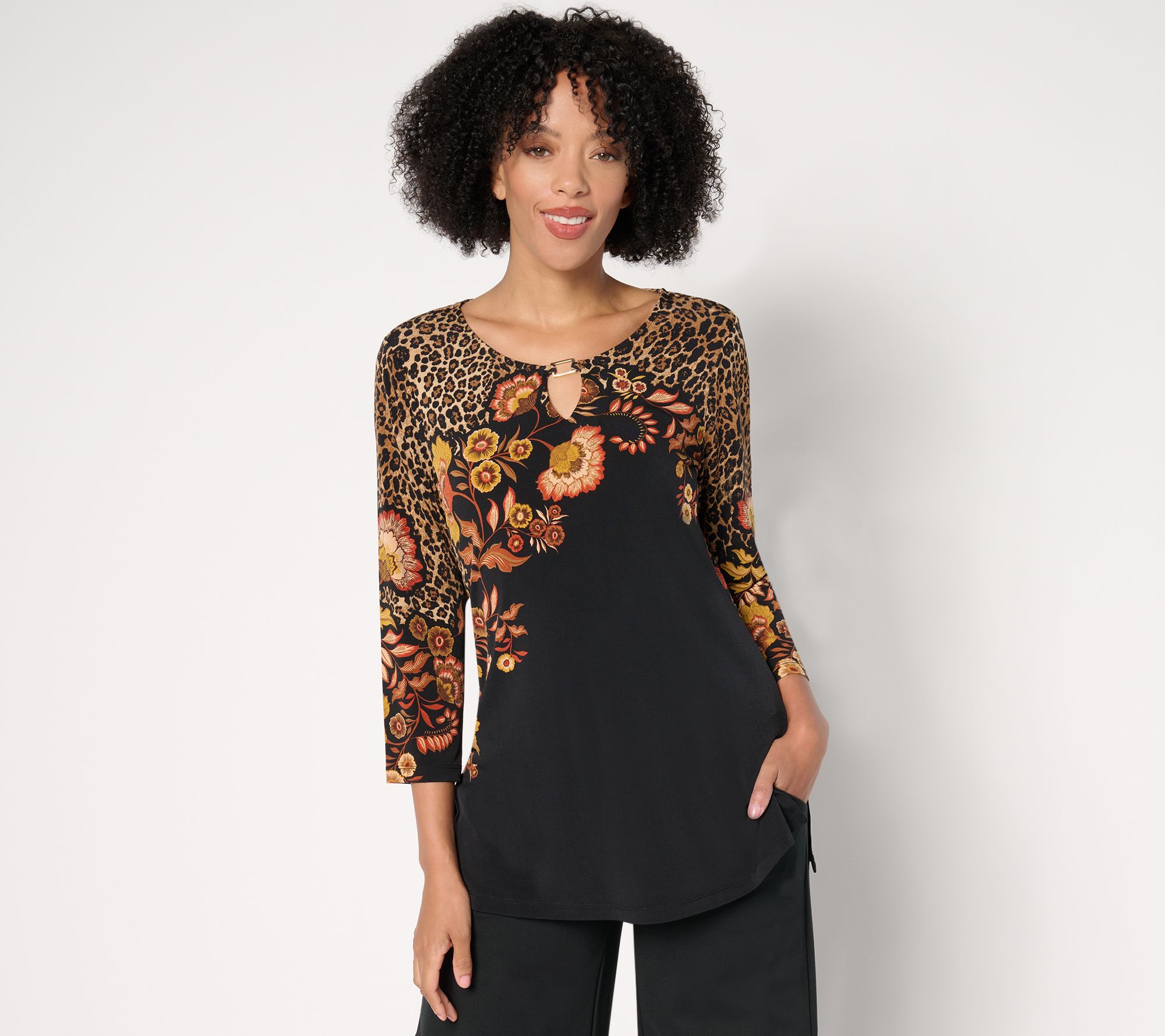 Susan Graver Printed Liquid Knit Top with Keyhole Trim