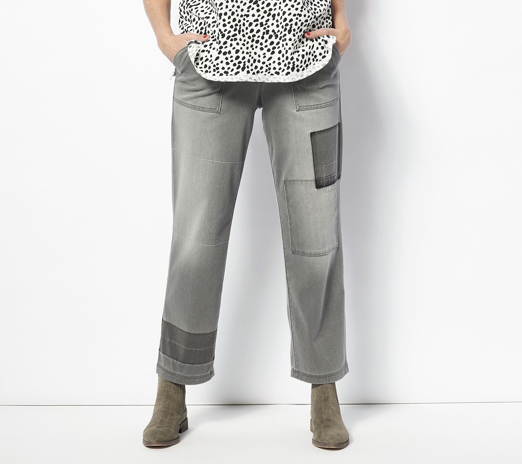 "As Is" LOGO by Lori Goldstein Tall Knit Denim Shadow Patch Jeans