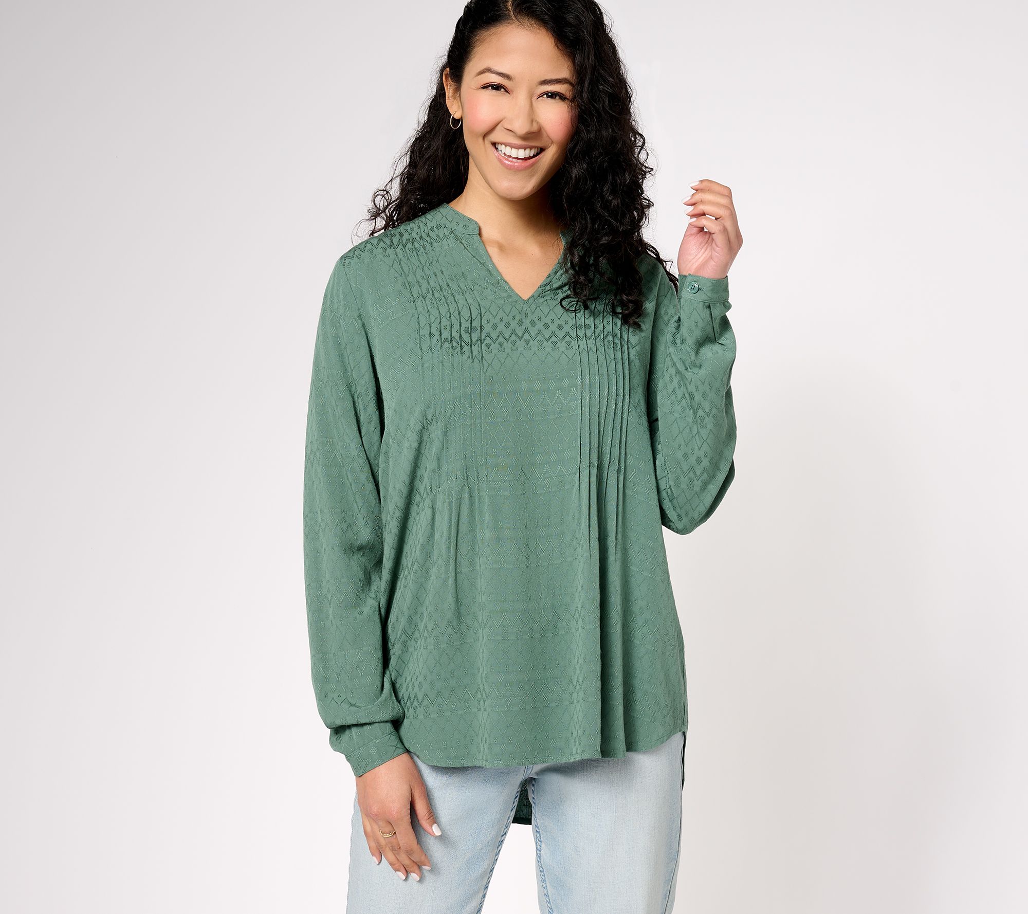 Joan Rivers Textured Jacquard Pull-Over Top w/ Smocking