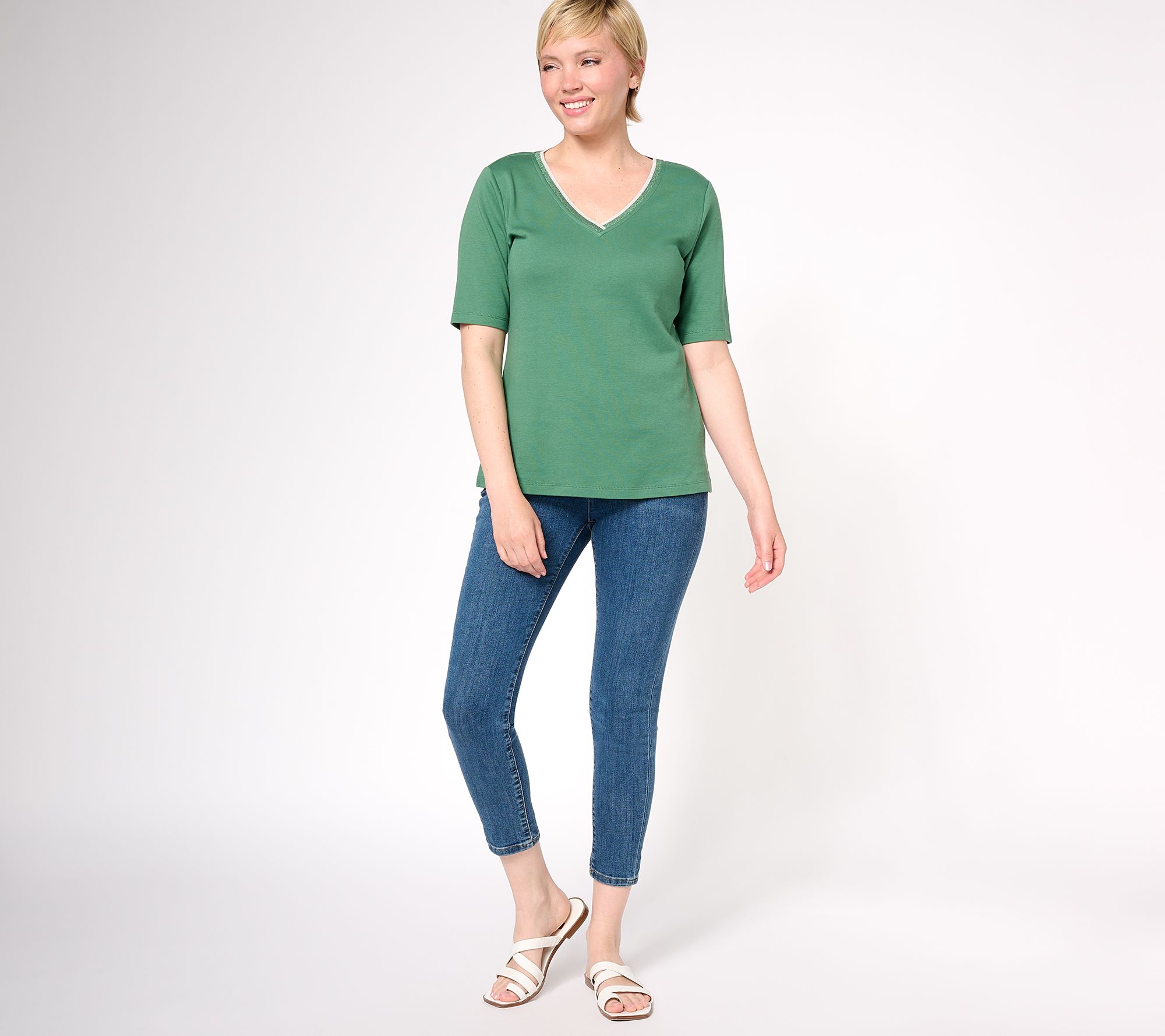 Isaac Mizrahi Live! Elbow Sleeve Knit Top w/ Lurex Rib Trim
