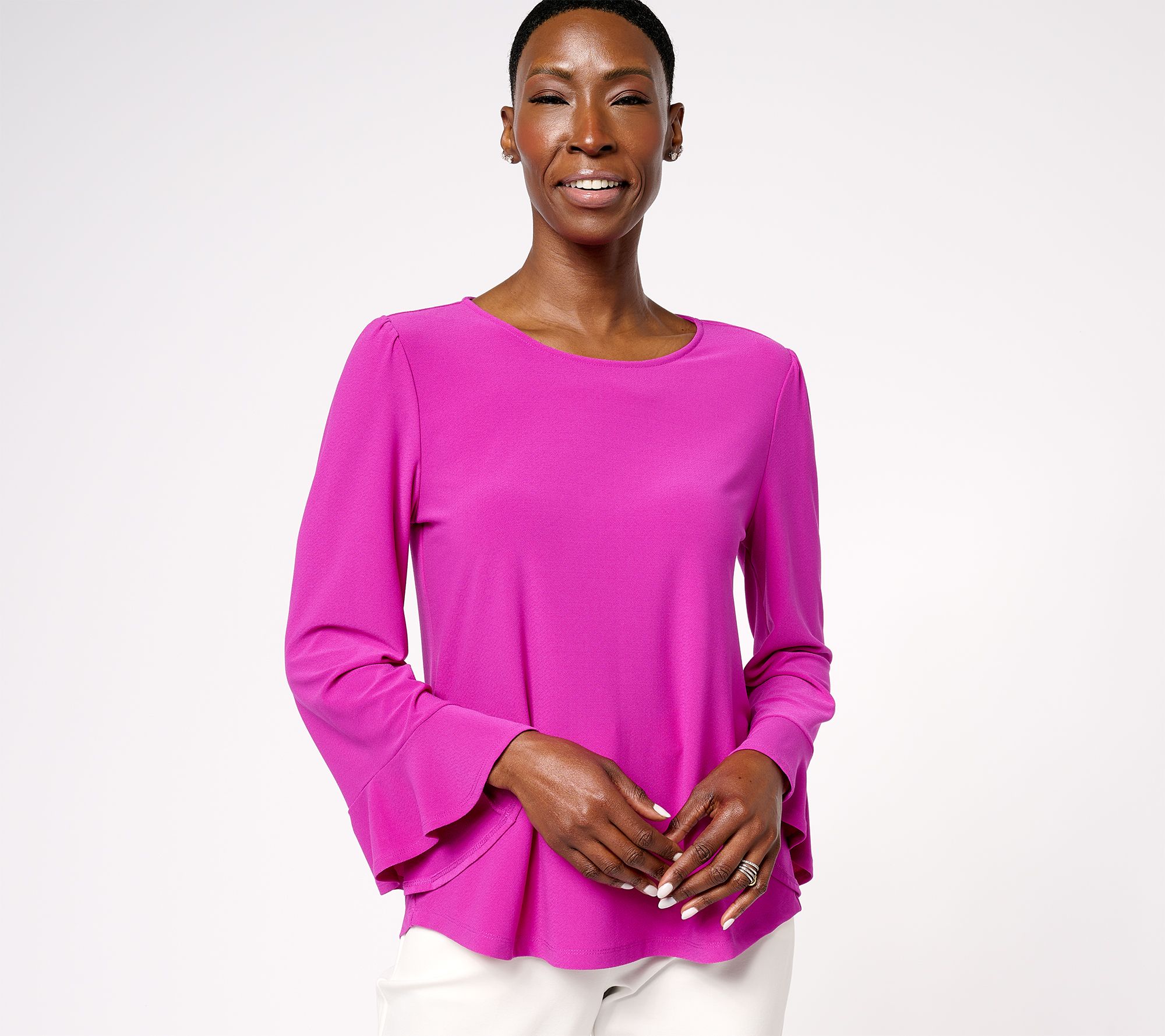 Dennis Basso Caviar Crepe Knit Top with Ruffle Sleeve Detail