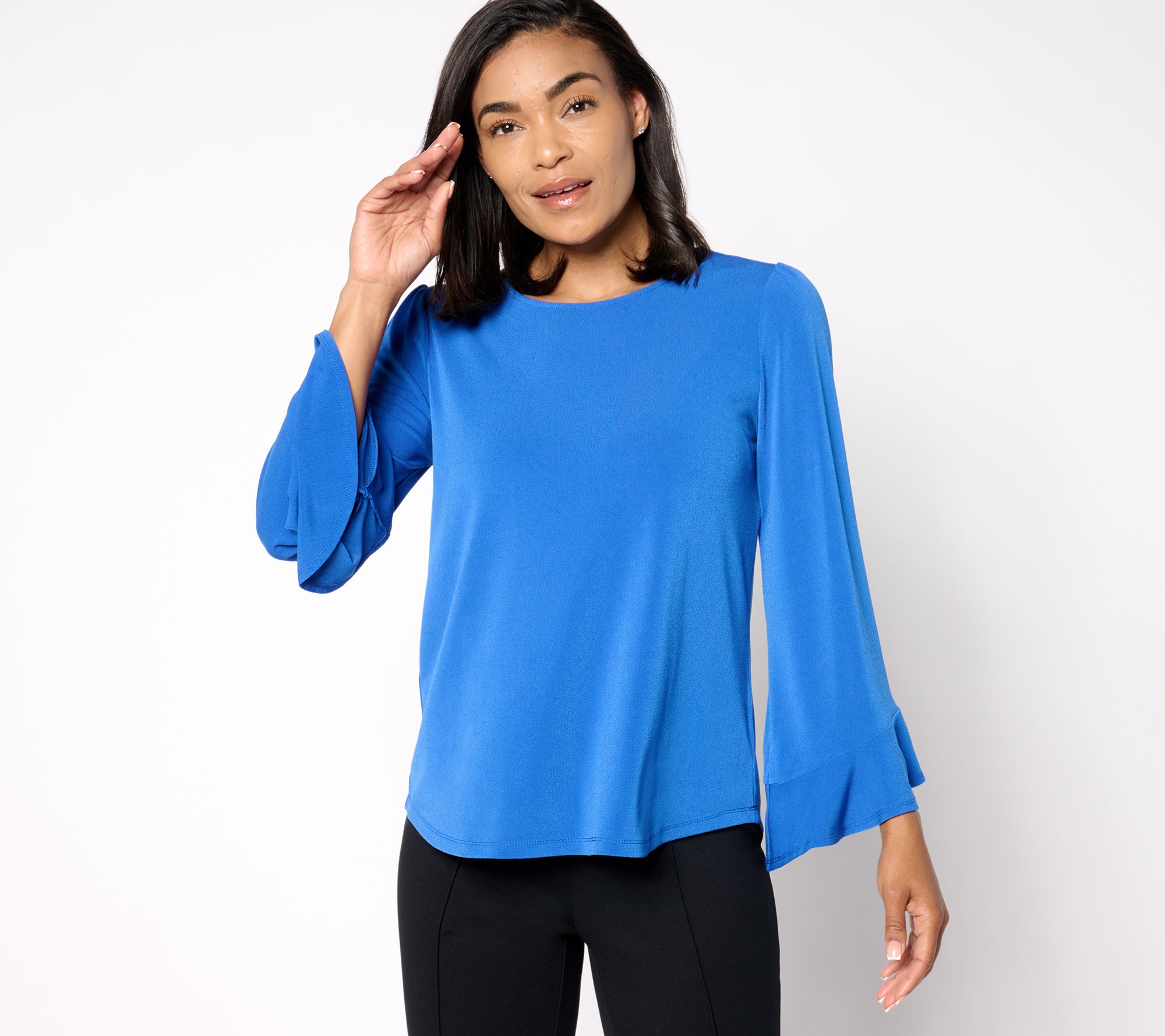 Dennis Basso Caviar Crepe Knit Top with Ruffle Sleeve Detail