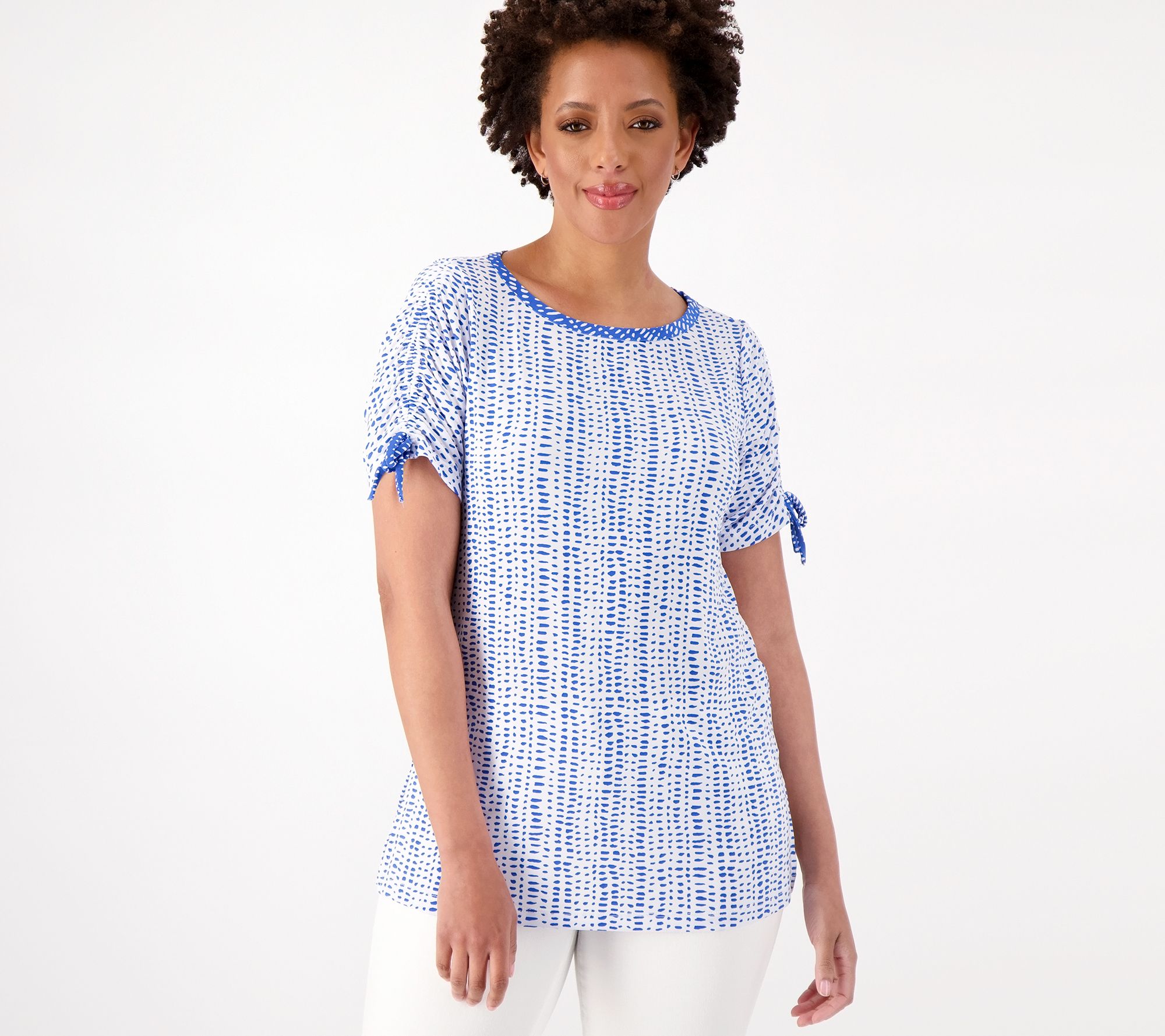 "As Is" Susan Graver Printed Liquid Knit Top with Ruched Tie Sleeves