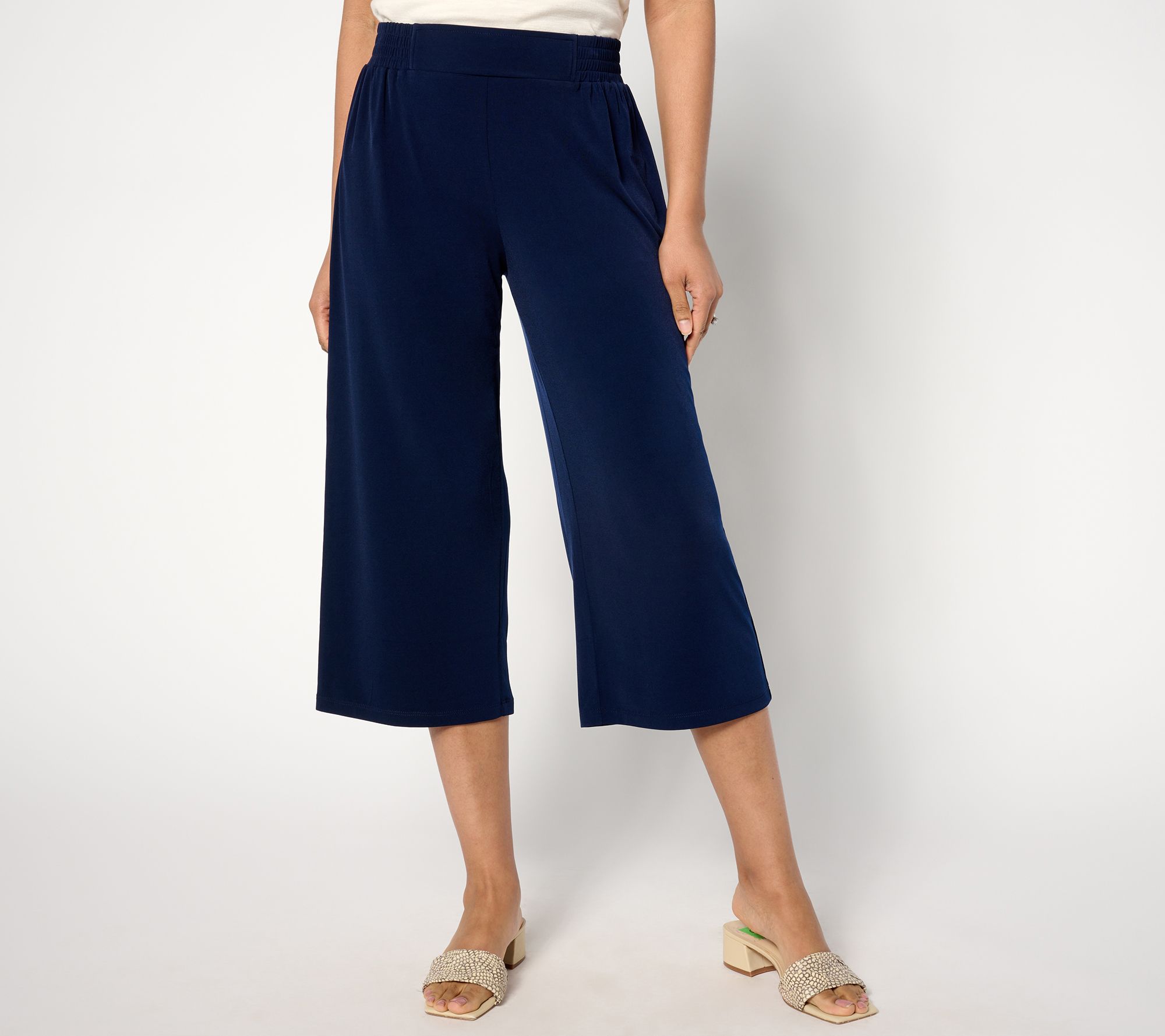 Susan Graver Petite Liquid Knit Wide Leg Capri Pants with Smocking