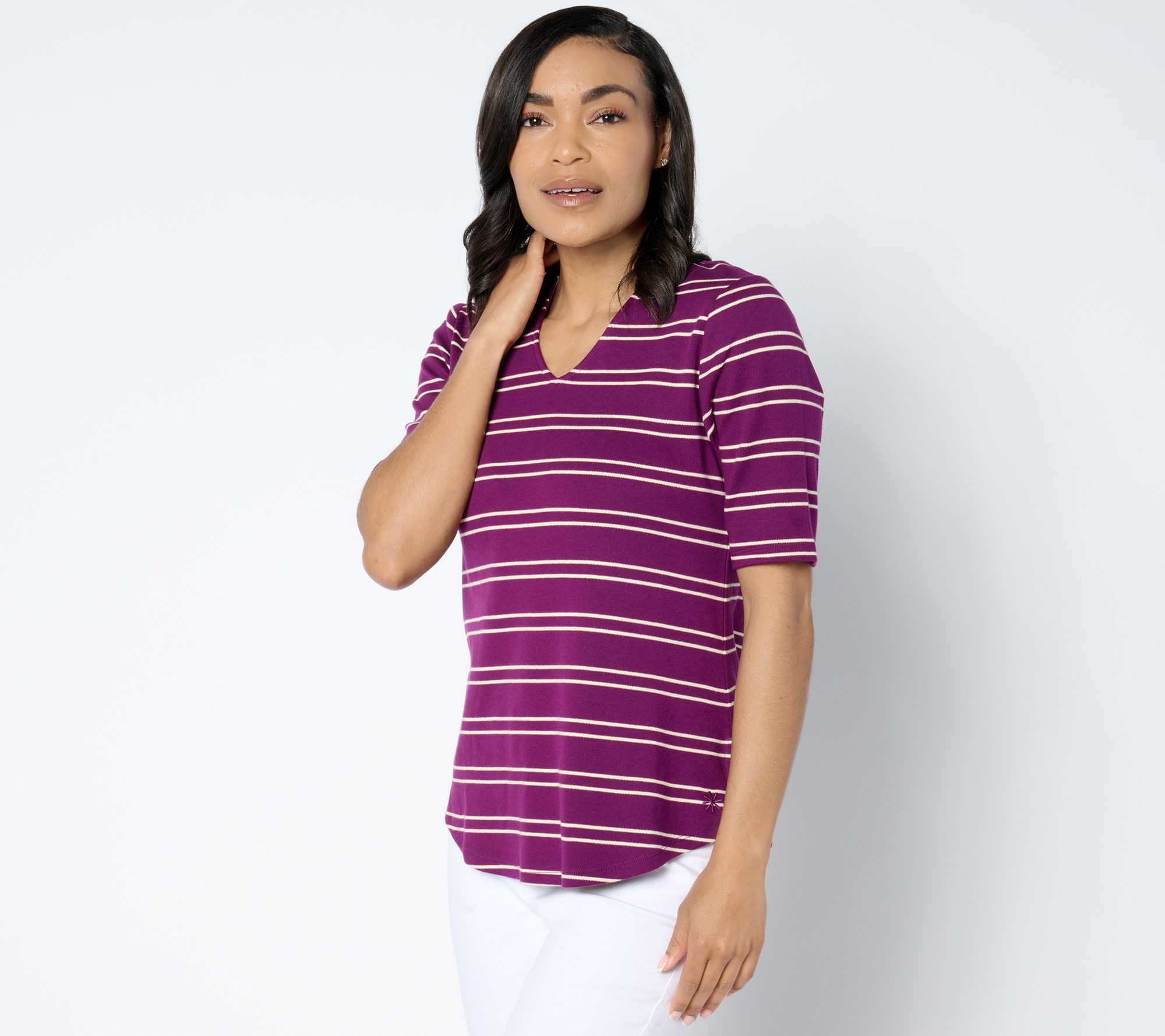 Isaac Mizrahi Live! Essentials Yarn Dye Stripe Elbow Slv Top