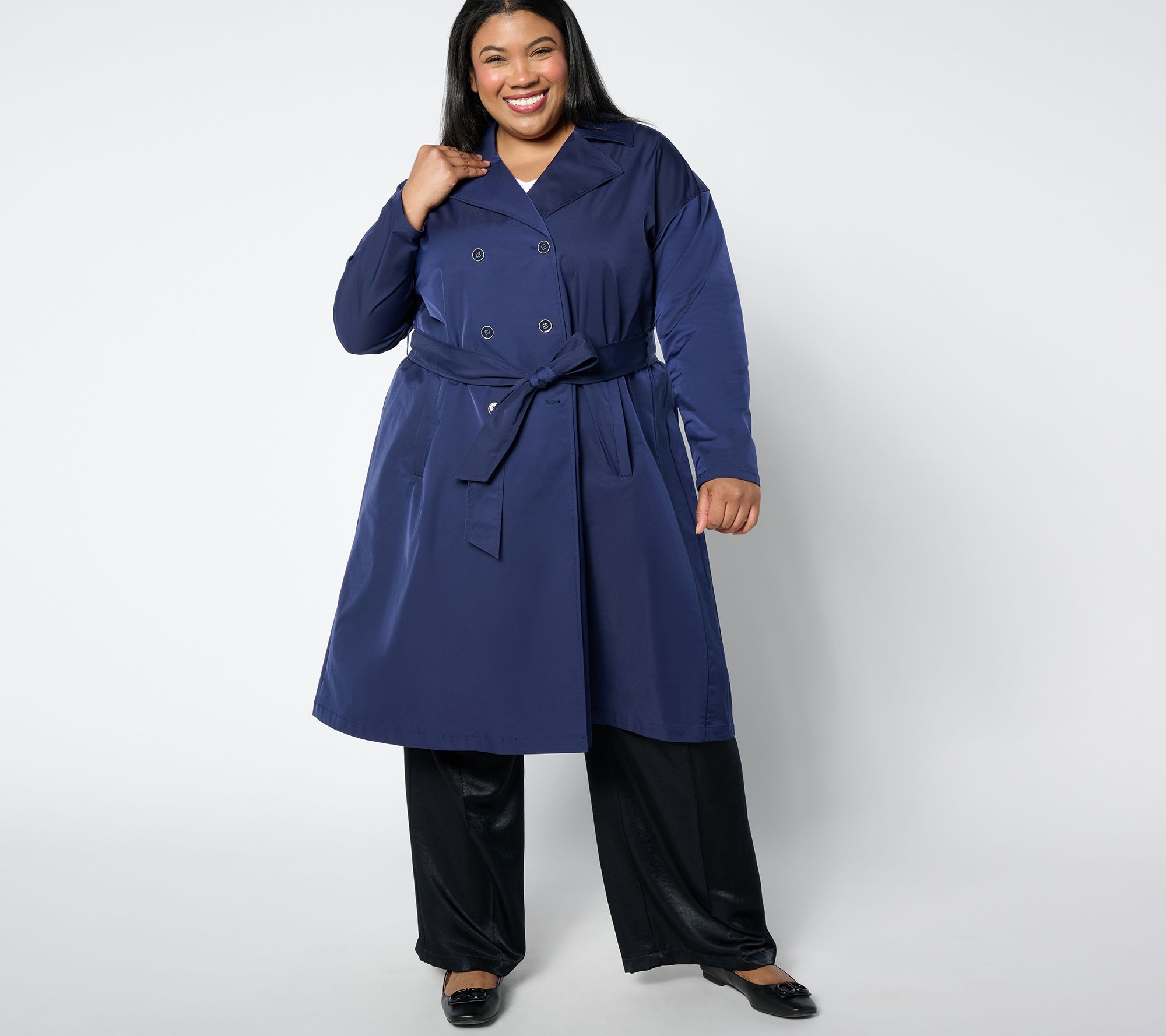 BEAUTIFUL by Lawrence Zarian Petite Pleated Double Breasted Trench Coat