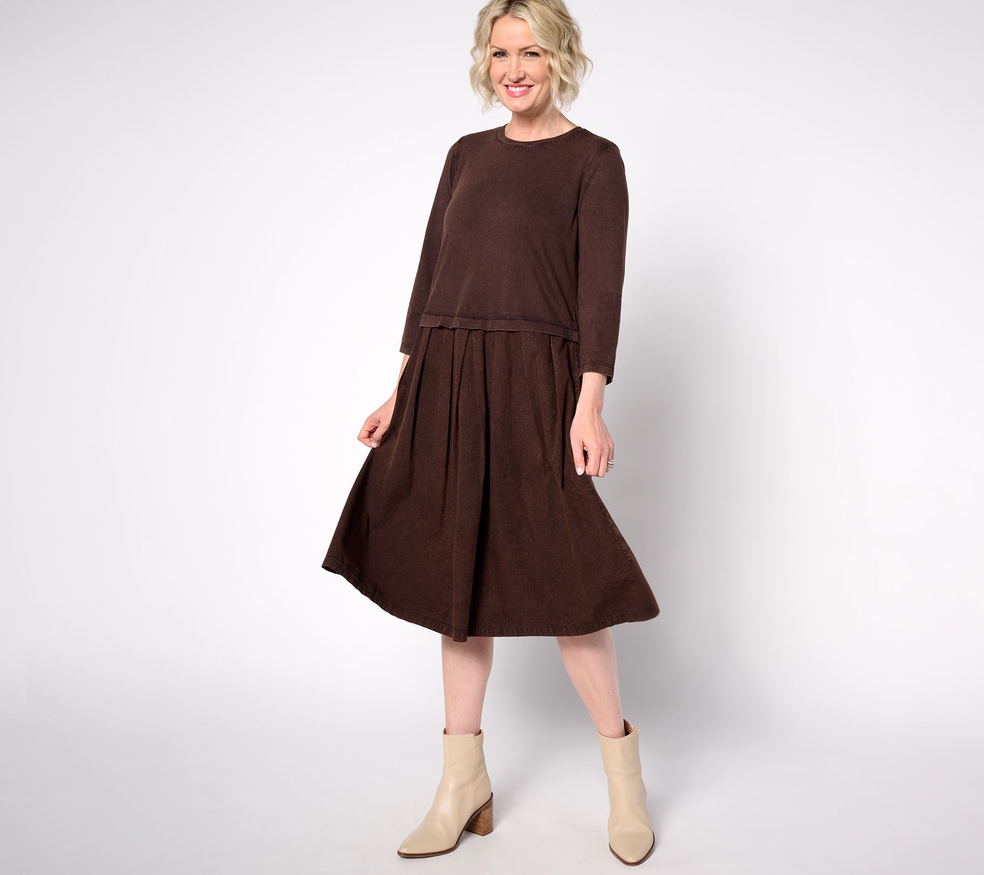 LOGO by Lori Goldstein Pet. 3/4 Sleeve Crew Neck Sun Faded Dress