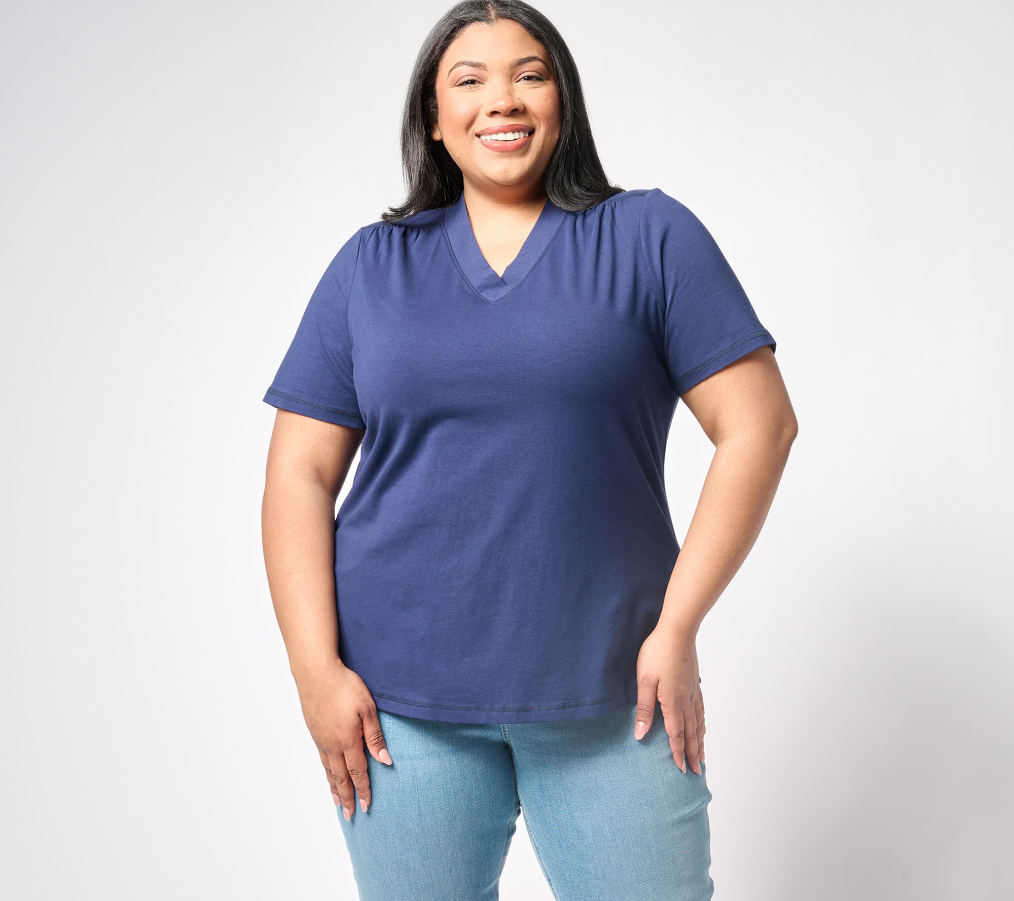 "As Is" Denim & Co. Active Jersey V-Neck Short Sleeve Top w/ Shirring